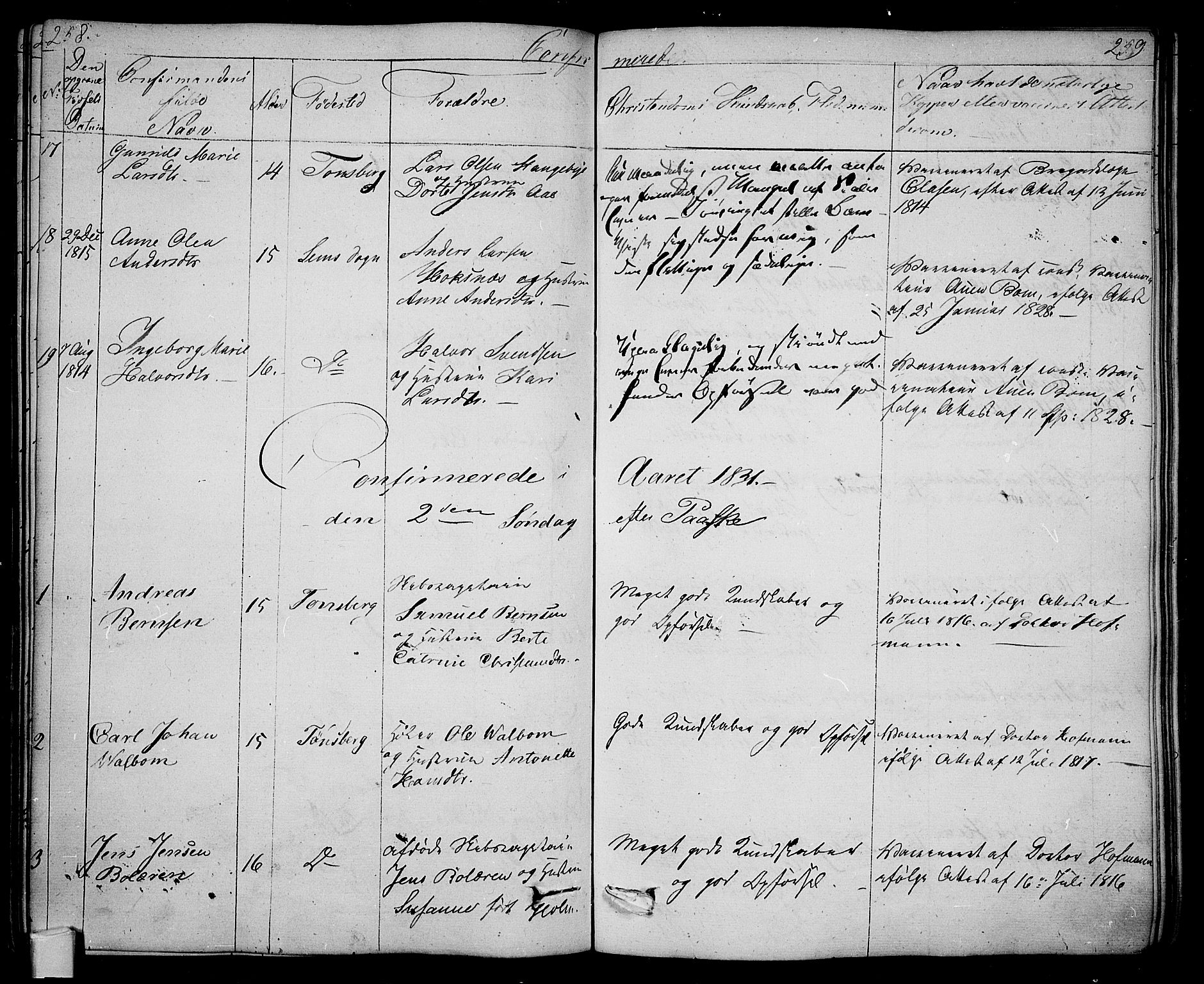Tønsberg kirkebøker, SAKO/A-330/F/Fa/L0005: Parish register (official) no. I 5, 1827-1836, p. 258-259