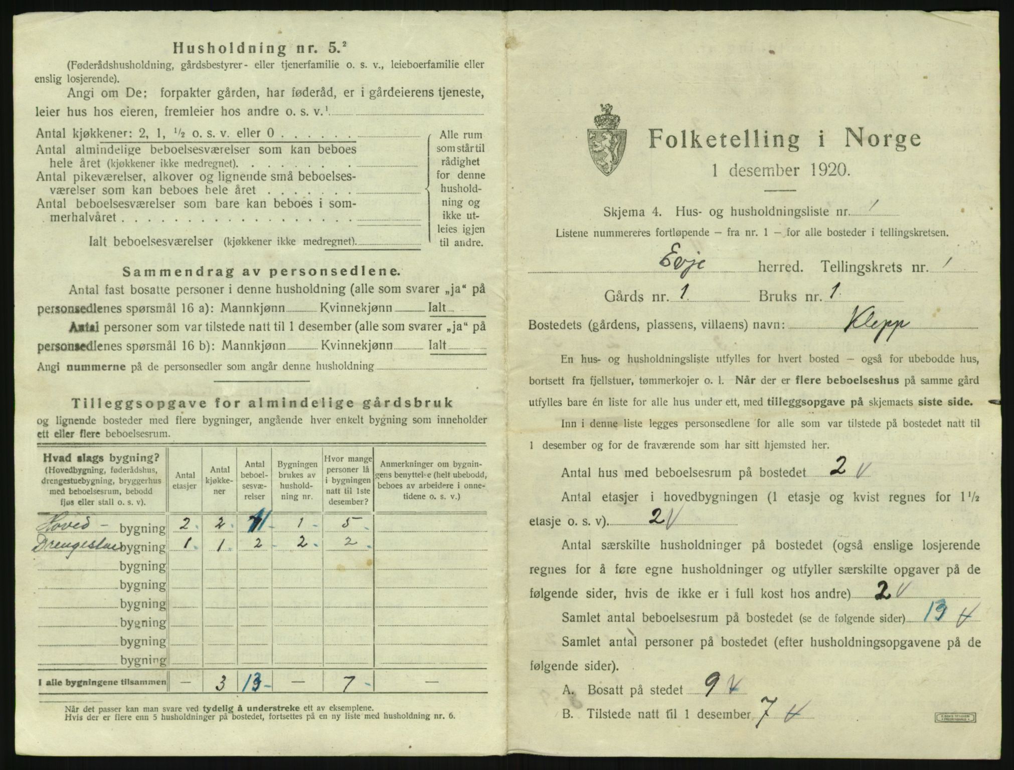 SAK, 1920 census for Evje, 1920, p. 42