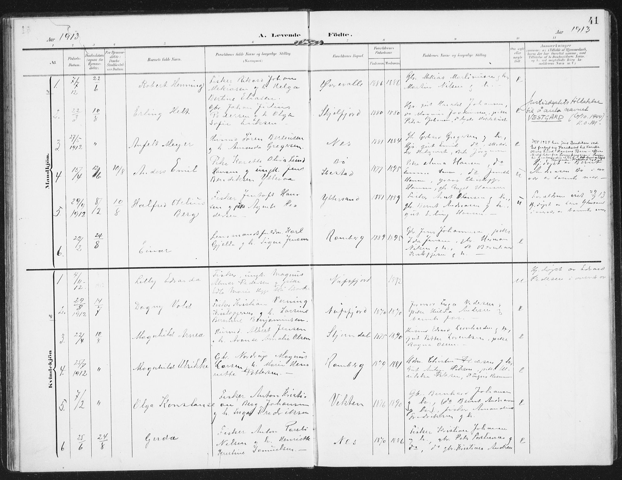 Ministerialprotokoller, klokkerbøker og fødselsregistre - Nordland, AV/SAT-A-1459/885/L1206: Parish register (official) no. 885A07, 1905-1915, p. 41