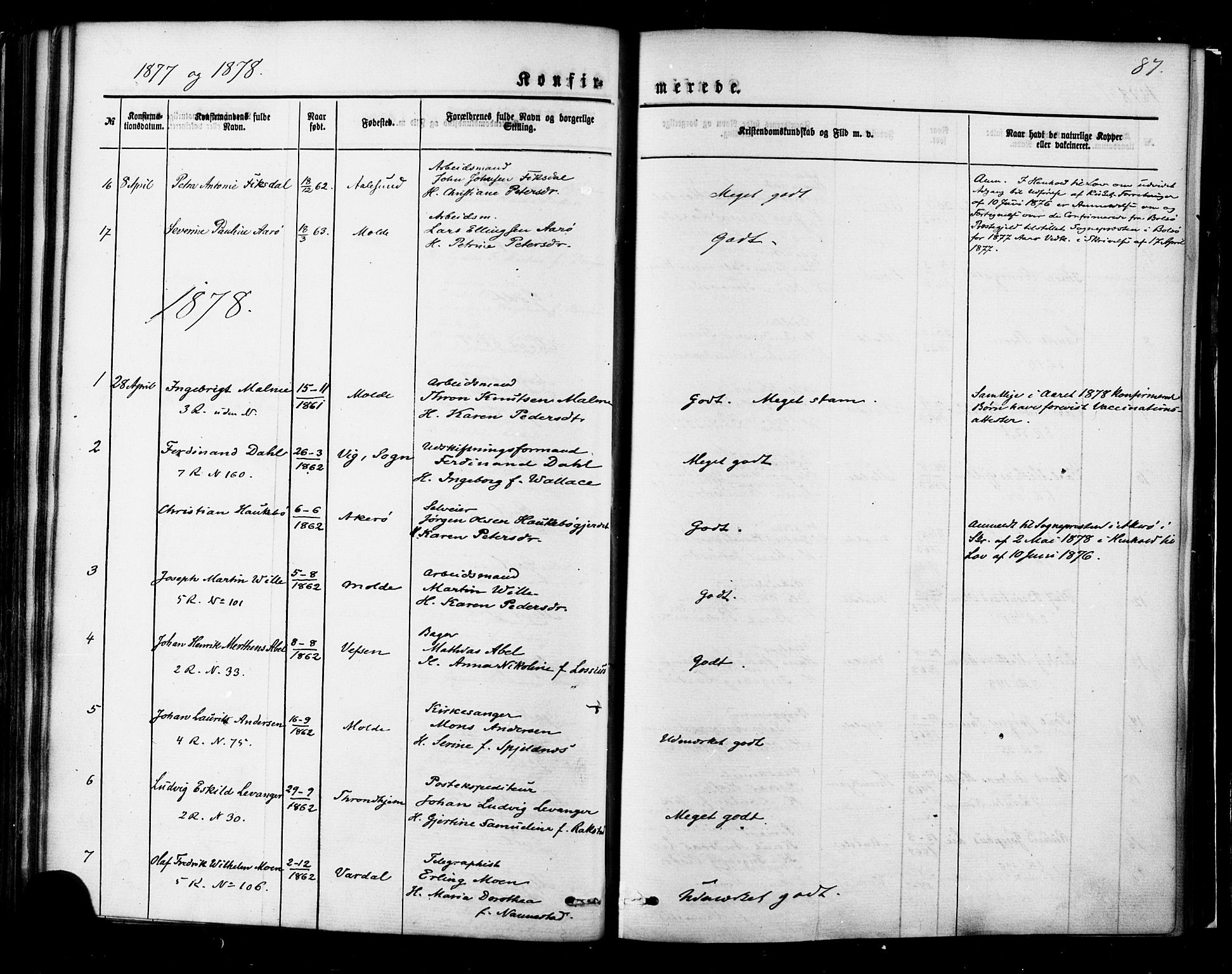 Ministerialprotokoller, klokkerbøker og fødselsregistre - Møre og Romsdal, SAT/A-1454/558/L0691: Parish register (official) no. 558A05, 1873-1886, p. 87
