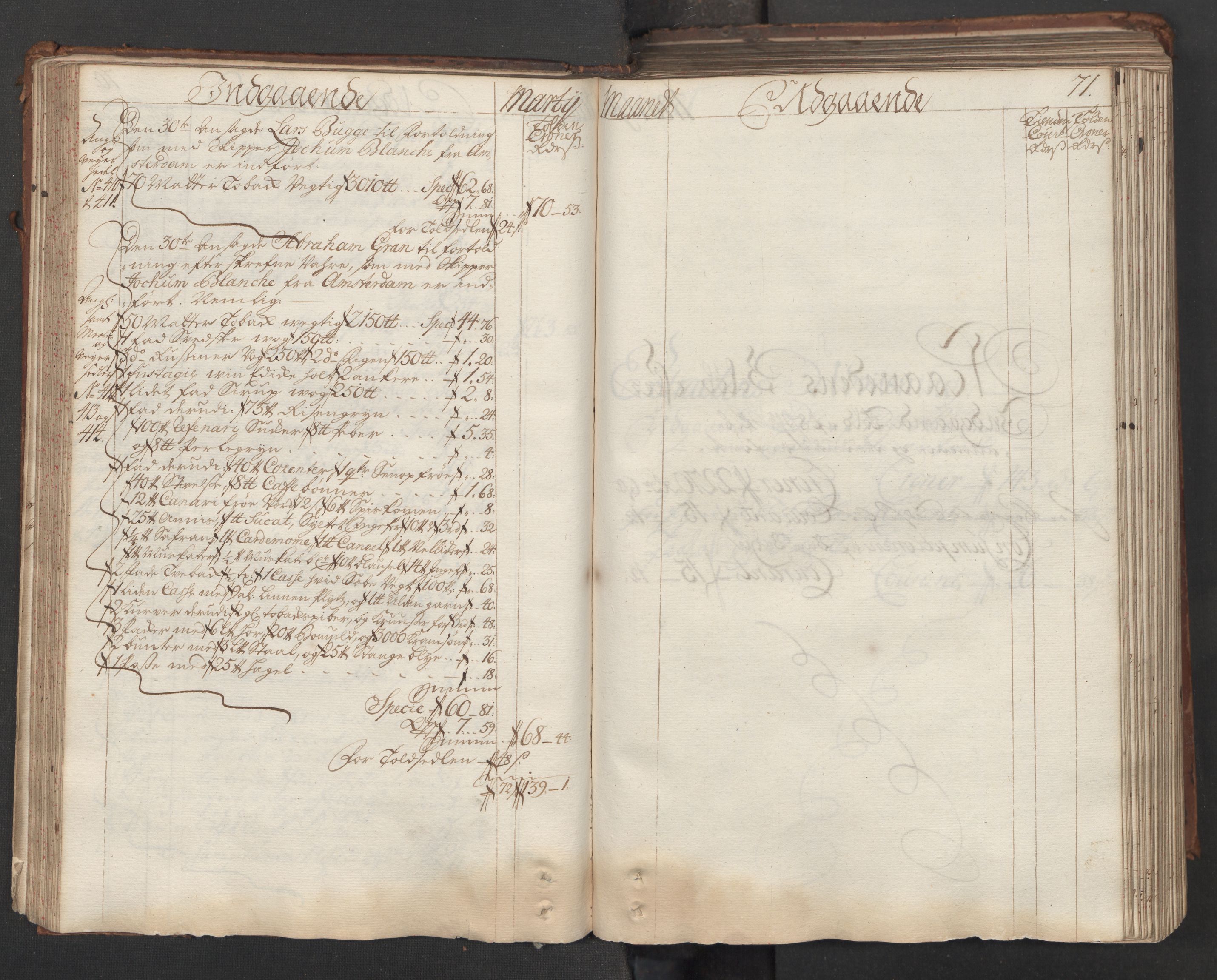 Generaltollkammeret, tollregnskaper, AV/RA-EA-5490/R06/L0015/0001: Tollregnskaper Kristiania / Hovedtollbok, 1733, p. 70b-71a