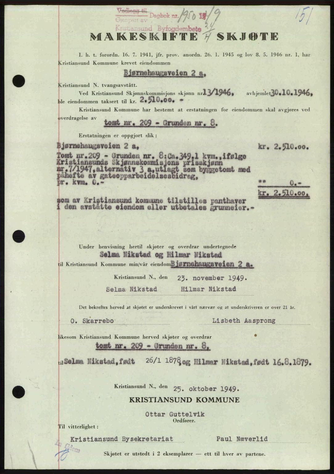 Kristiansund byfogd, AV/SAT-A-4587/A/27: Mortgage book no. 46, 1949-1950, Diary no: : 1950/1949