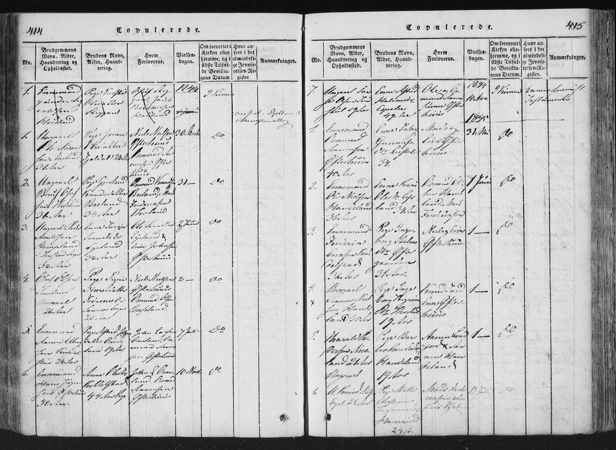 Åseral sokneprestkontor, SAK/1111-0051/F/Fa/L0001: Parish register (official) no. A 1, 1815-1853, p. 414-415