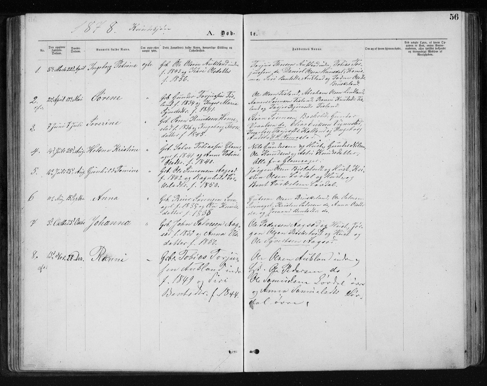 Holum sokneprestkontor, SAK/1111-0022/F/Fb/Fbb/L0003: Parish register (copy) no. B 3, 1875-1898, p. 56