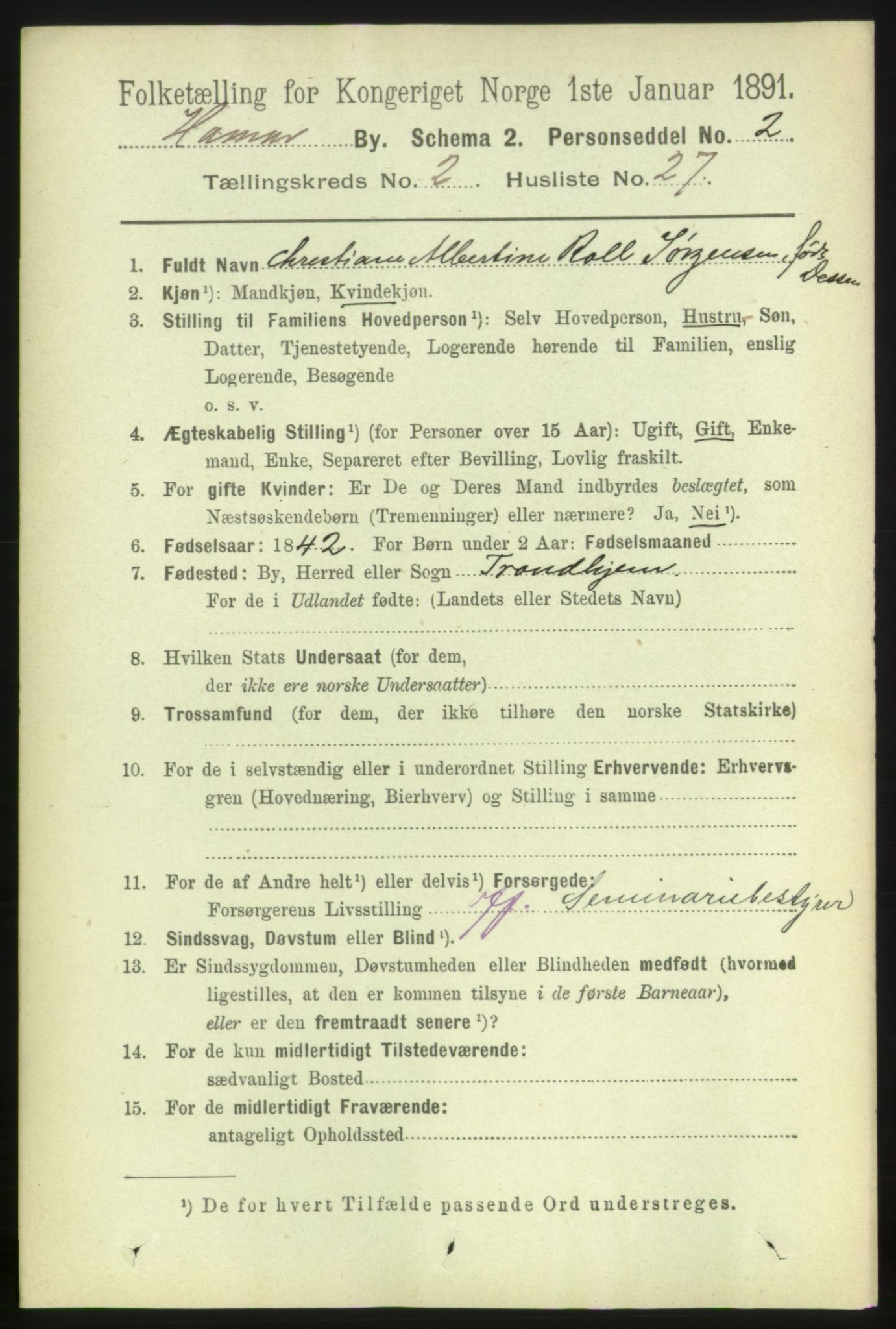 RA, 1891 census for 0401 Hamar, 1891, p. 1400