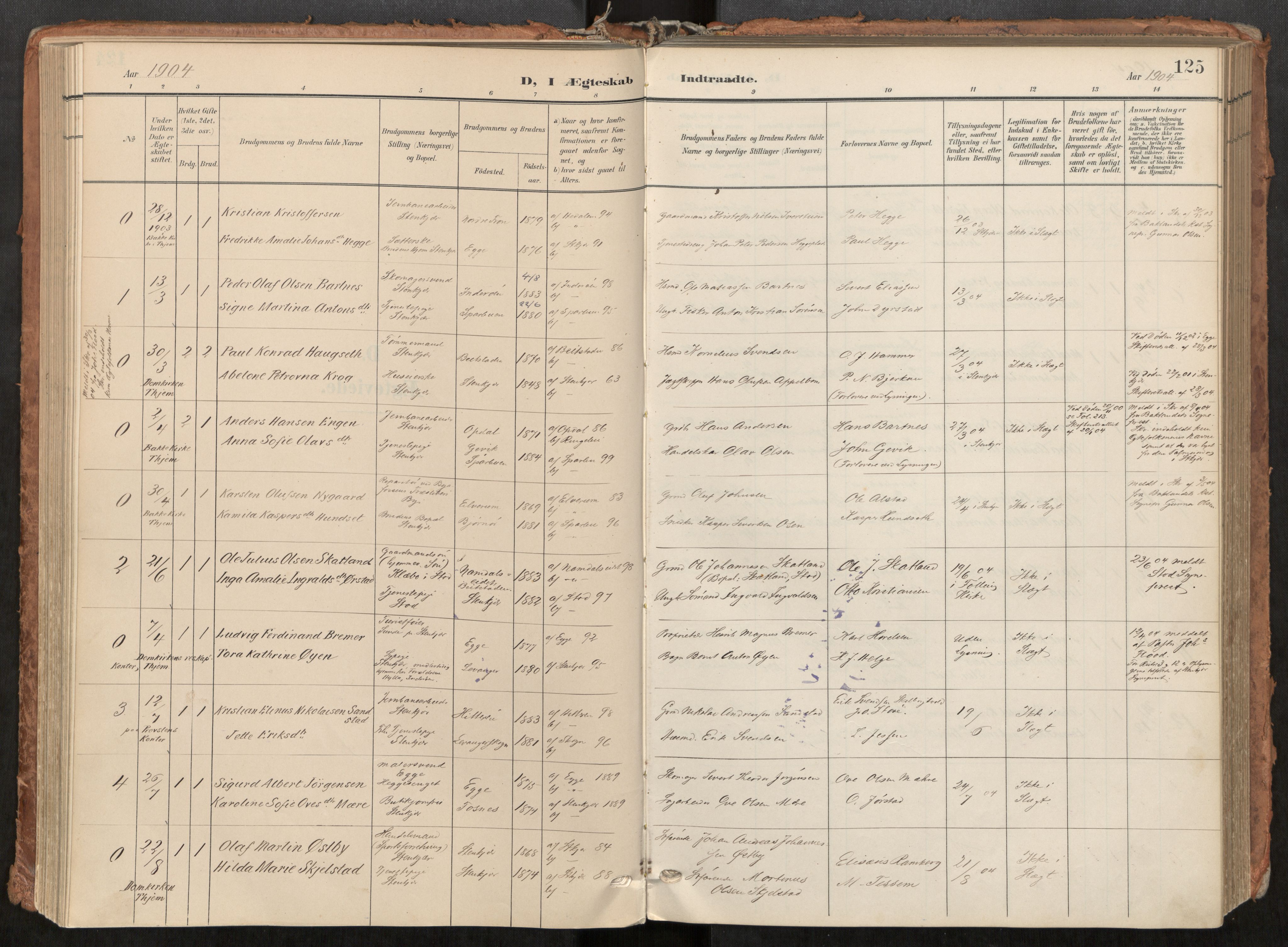 Steinkjer sokneprestkontor, SAT/A-1541/01/H/Ha/Haa/L0001: Parish register (official) no. 1, 1904-1912, p. 125