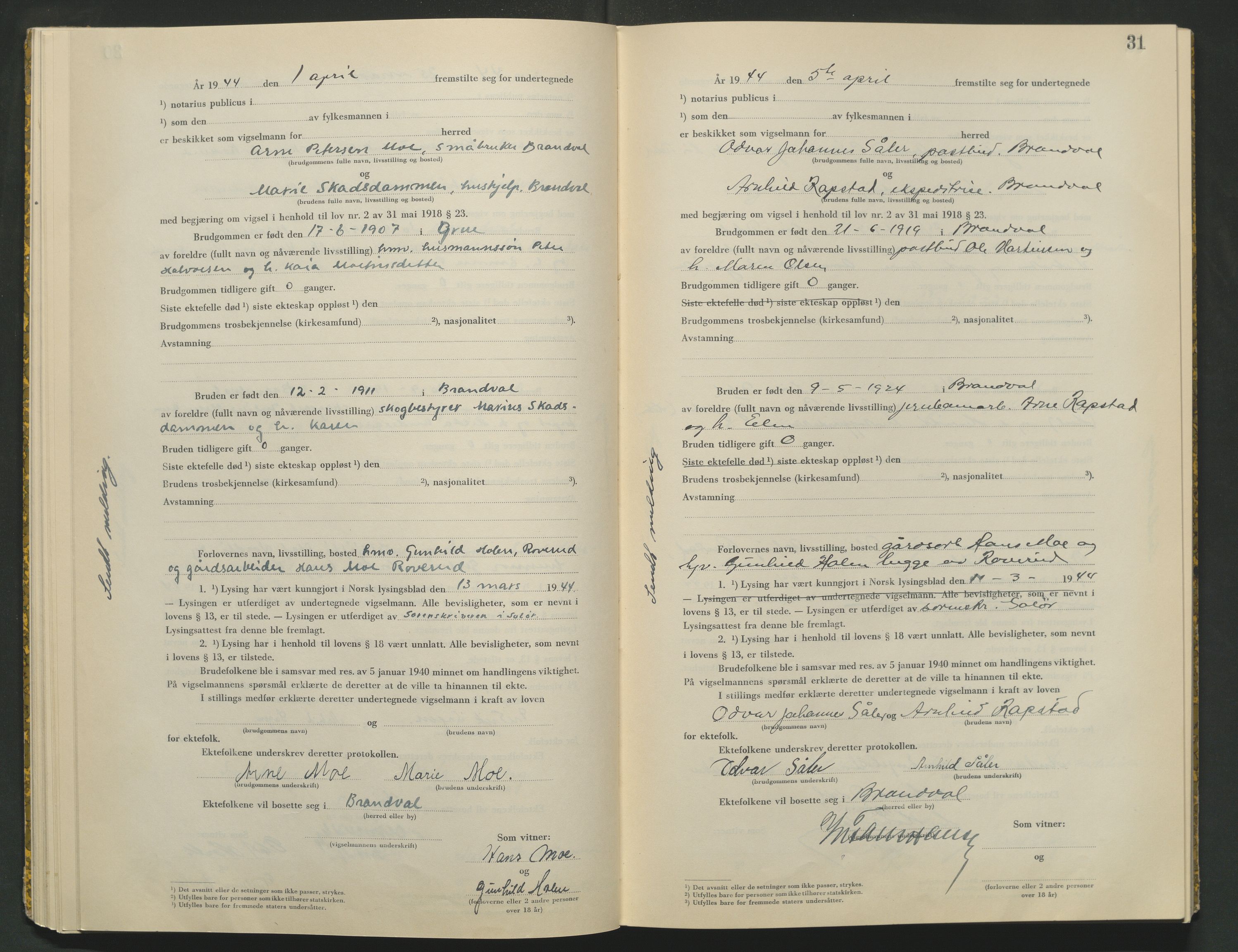 Vinger og Odal sorenskriveri, AV/SAH-TING-022/L/Lb/L0003: Vigselsprotokoll, 1943-1944, p. 31