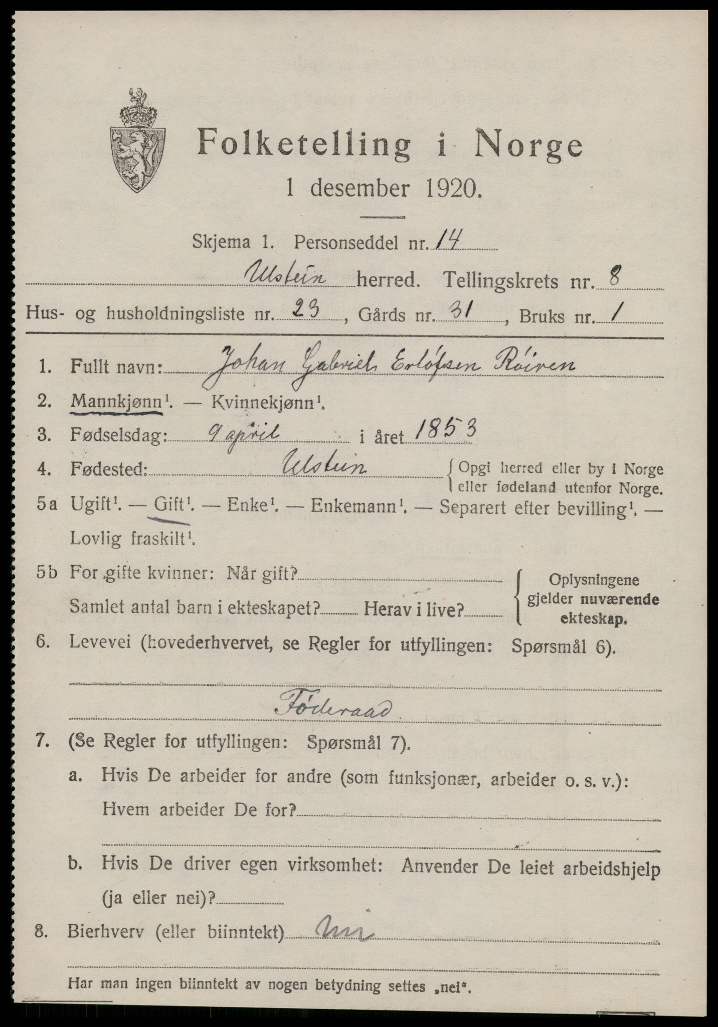 SAT, 1920 census for Ulstein, 1920, p. 4978