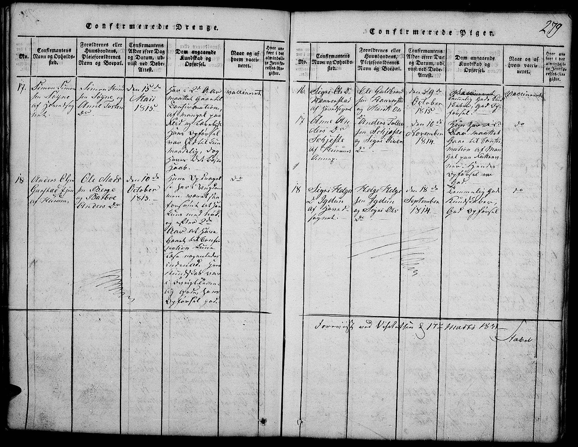 Vang prestekontor, Valdres, SAH/PREST-140/H/Hb/L0002: Parish register (copy) no. 2, 1814-1889, p. 279