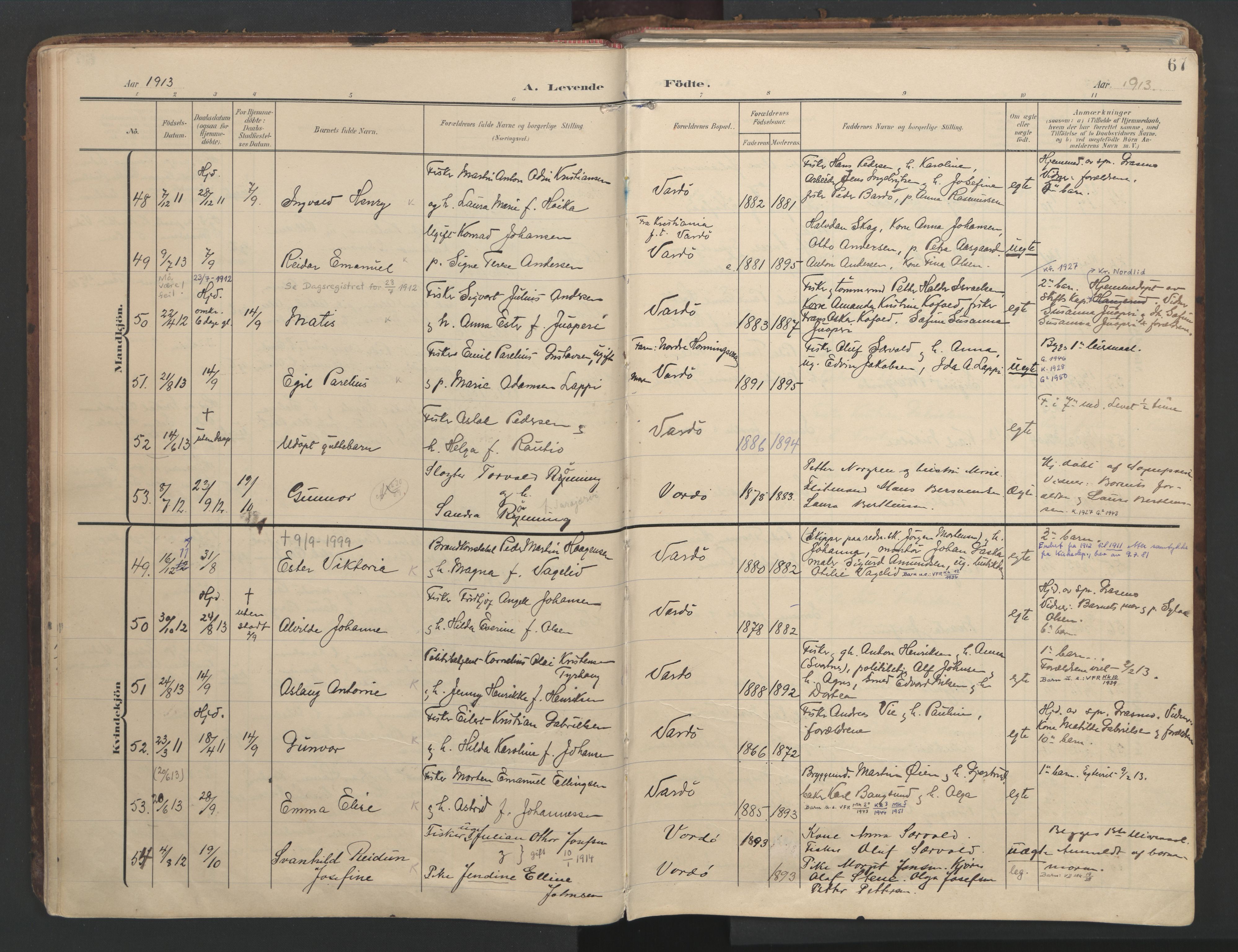 Vardø sokneprestkontor, AV/SATØ-S-1332/H/Ha/L0012kirke: Parish register (official) no. 12, 1907-1921, p. 67