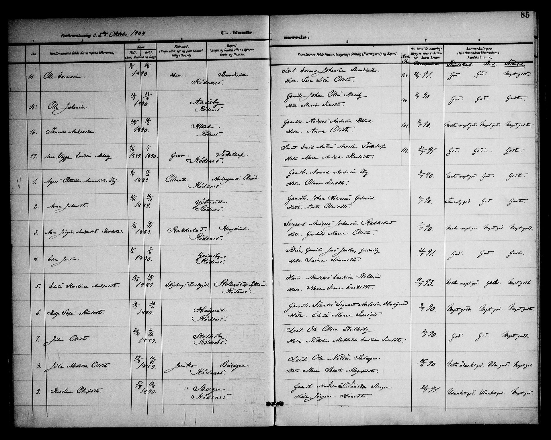 Rødenes prestekontor Kirkebøker, AV/SAO-A-2005/F/Fa/L0011: Parish register (official) no. I 11, 1901-1910, p. 85