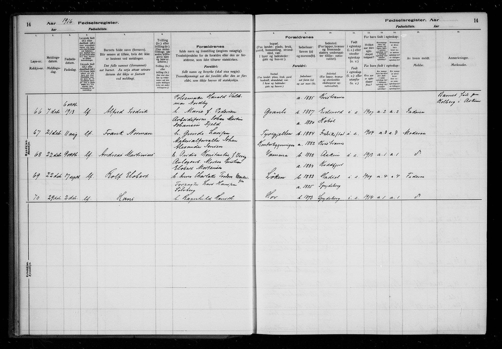 Askim prestekontor Kirkebøker, AV/SAO-A-10900/J/Ja/L0001: Birth register no. 1, 1916-1929, p. 14