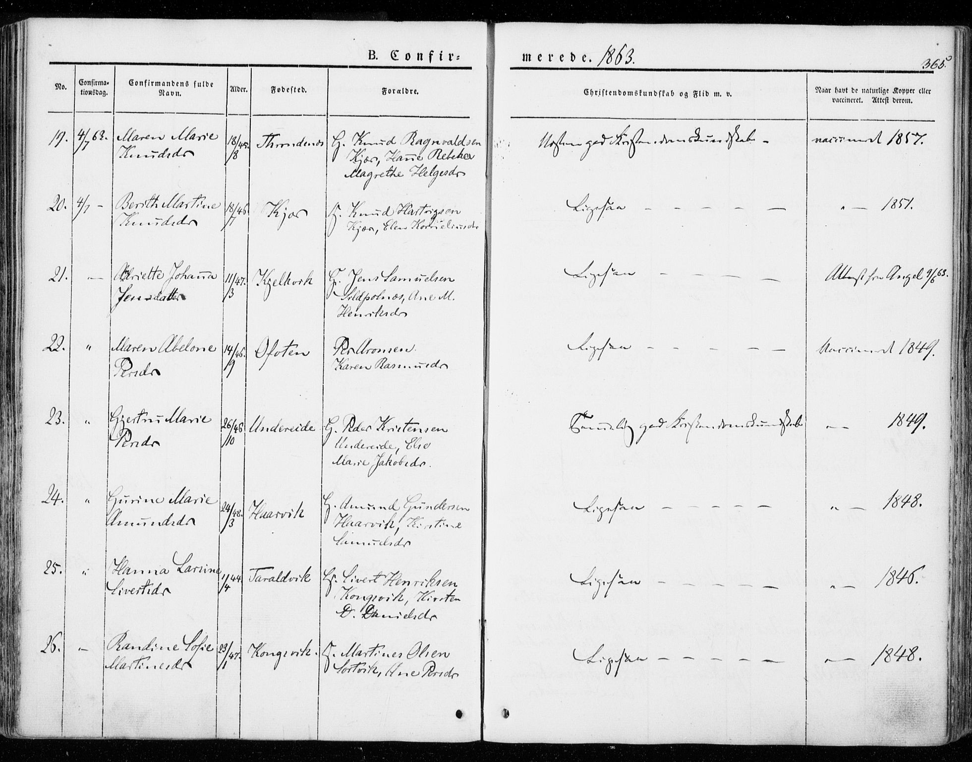 Ministerialprotokoller, klokkerbøker og fødselsregistre - Nordland, AV/SAT-A-1459/872/L1033: Parish register (official) no. 872A08, 1840-1863, p. 365