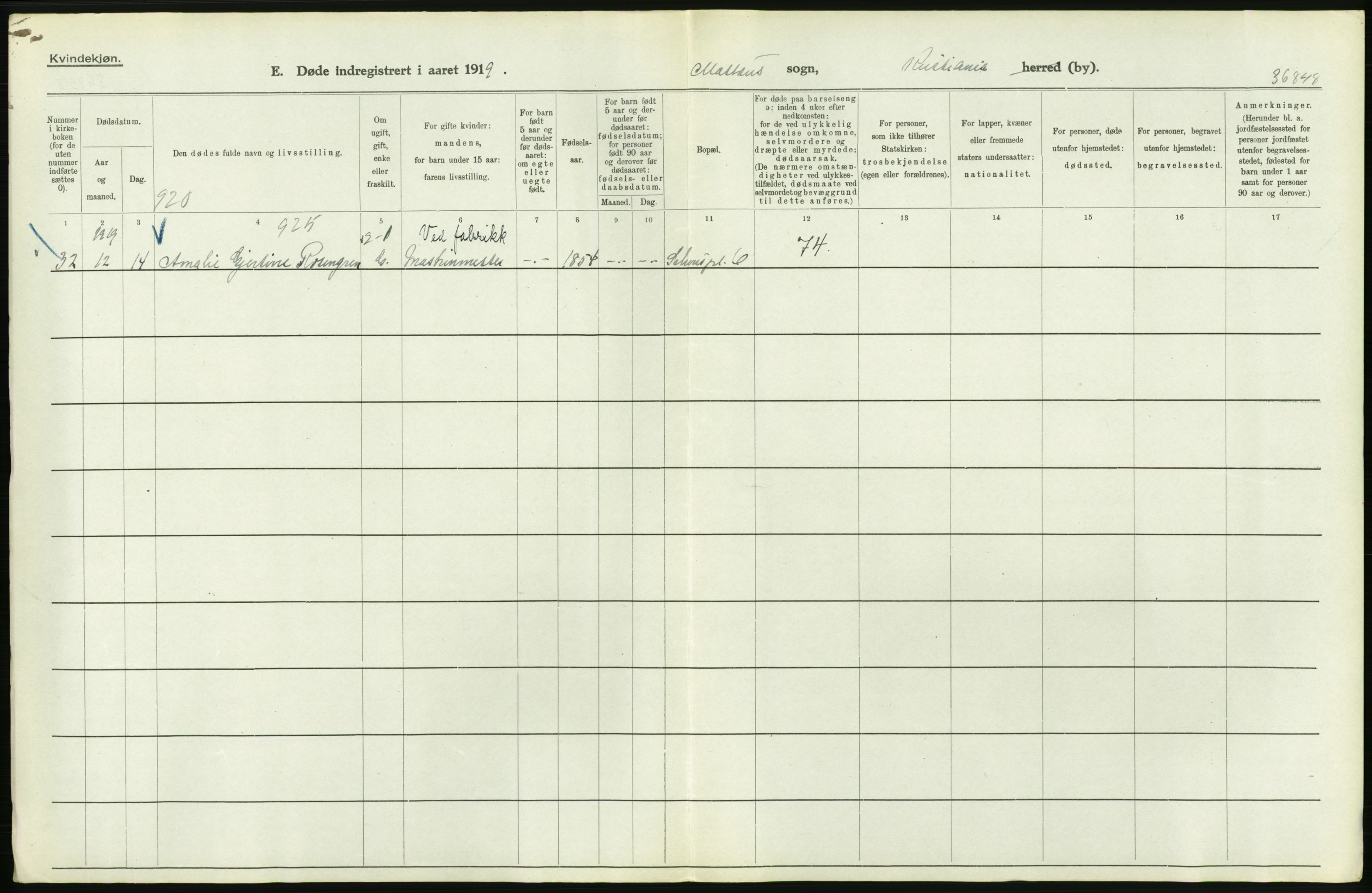 Statistisk sentralbyrå, Sosiodemografiske emner, Befolkning, AV/RA-S-2228/D/Df/Dfb/Dfbi/L0010: Kristiania: Døde, 1919, p. 702