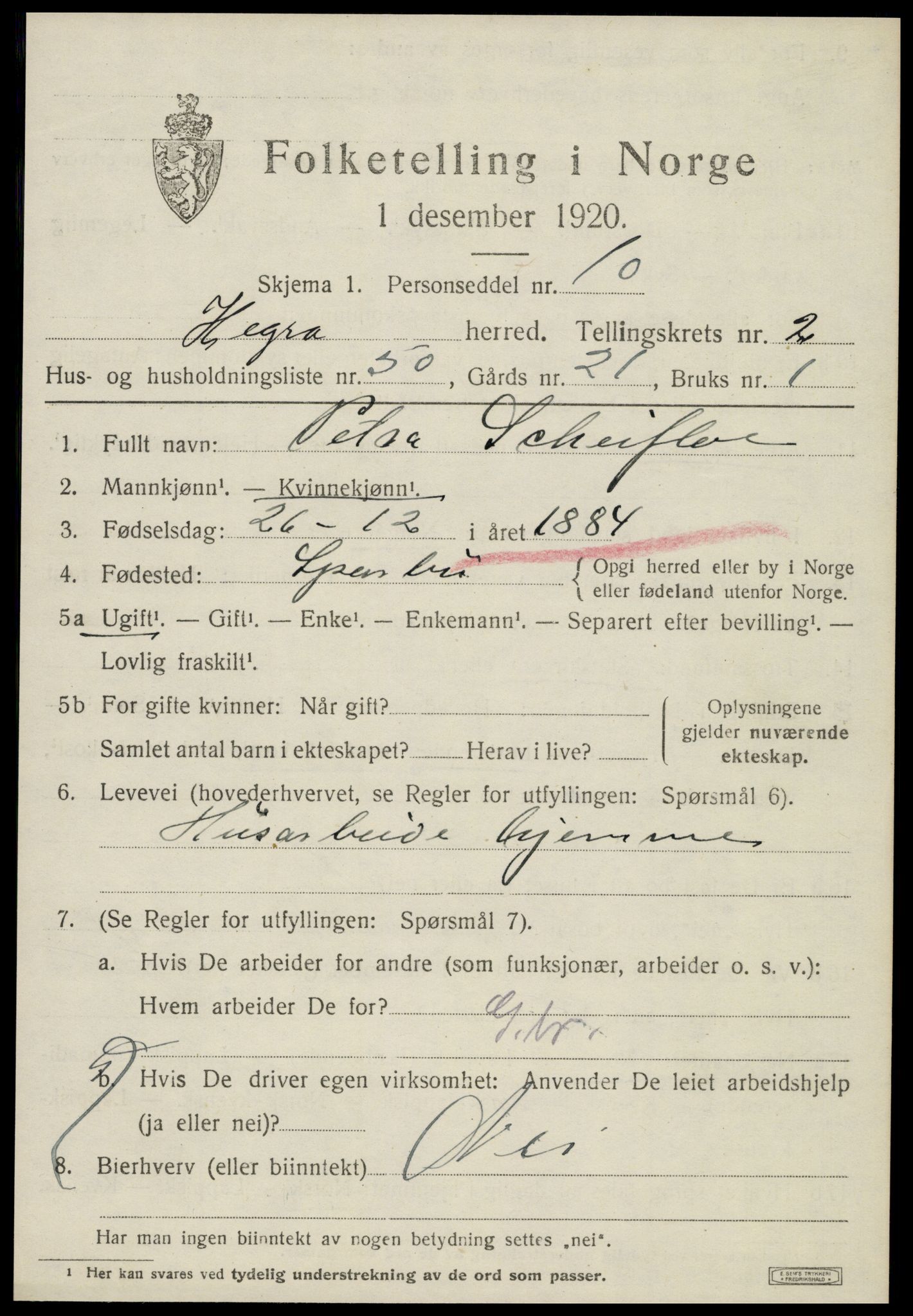 SAT, 1920 census for Hegra, 1920, p. 2154