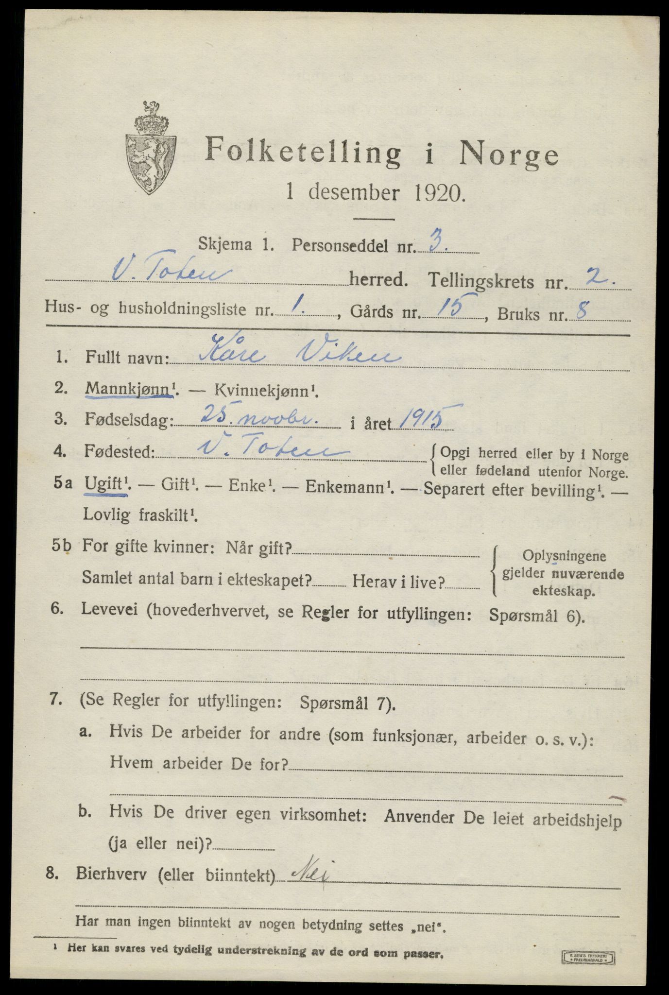 SAH, 1920 census for Vestre Toten, 1920, p. 3446