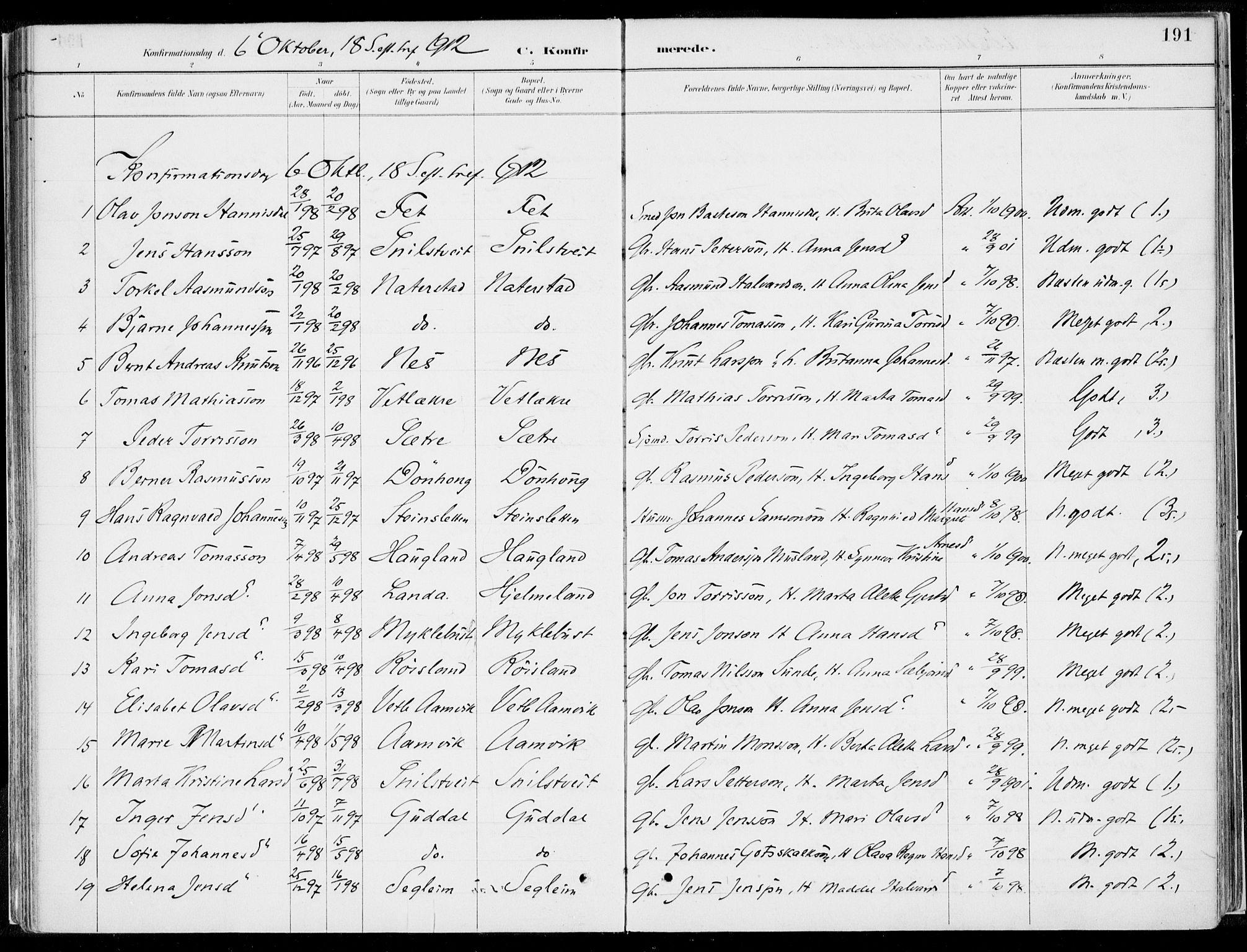 Kvinnherad sokneprestembete, SAB/A-76401/H/Haa: Parish register (official) no. B  1, 1887-1921, p. 191