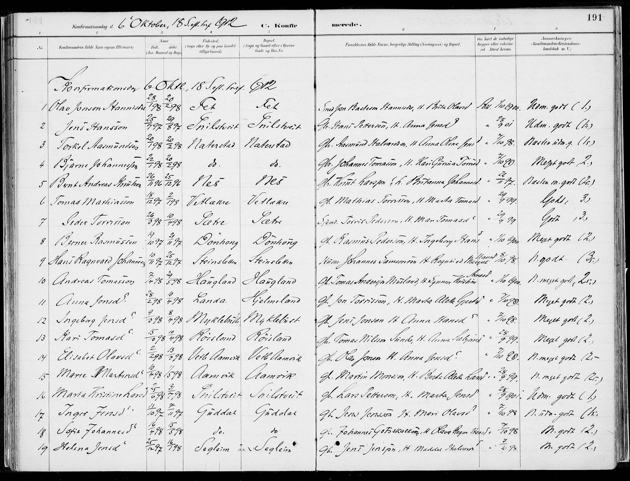 Kvinnherad sokneprestembete, AV/SAB-A-76401/H/Haa: Parish register (official) no. B  1, 1887-1921, p. 191