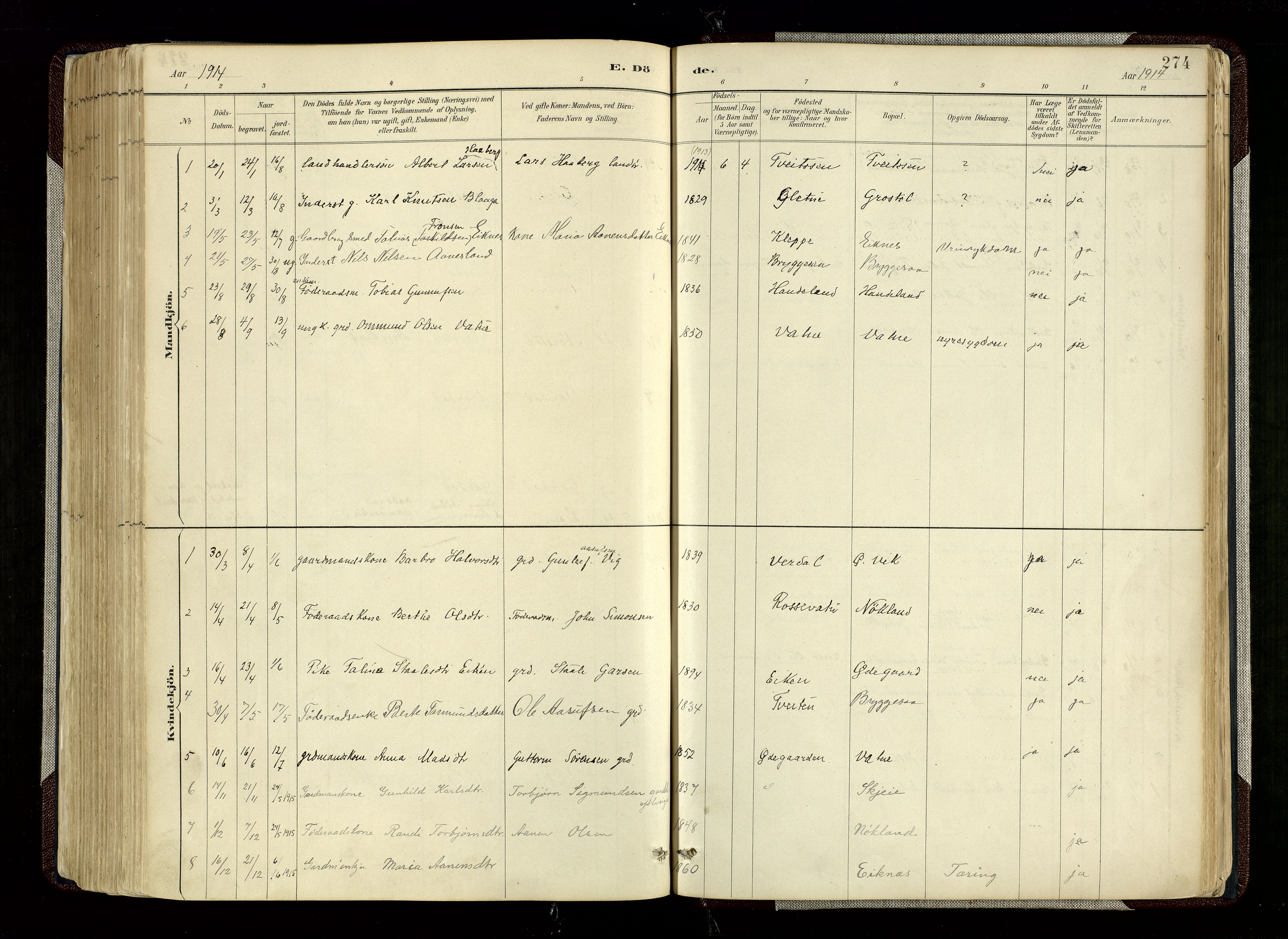 Hægebostad sokneprestkontor, SAK/1111-0024/F/Fa/Fab/L0004: Parish register (official) no. A 4, 1887-1929, p. 274