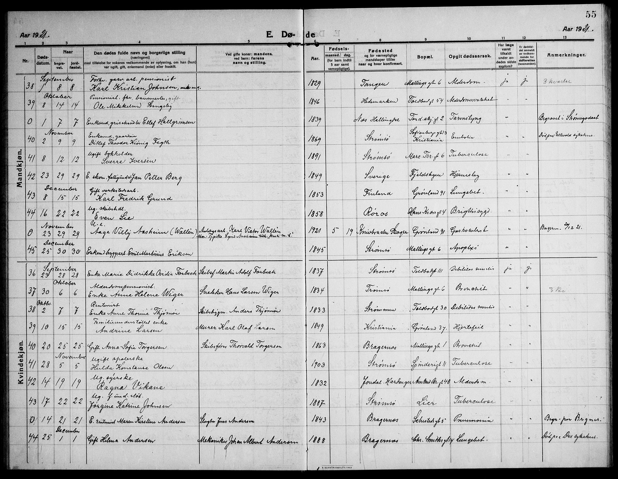 Strømsø kirkebøker, AV/SAKO-A-246/F/Fa/L0028: Parish register (official) no. I 29, 1914-1937, p. 55