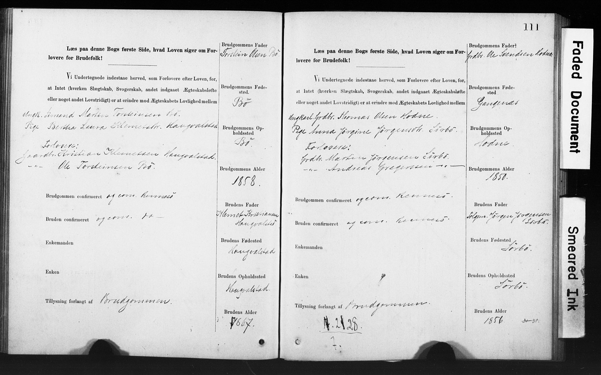 Rennesøy sokneprestkontor, SAST/A -101827/I/Ie/L0001: Banns register no. 1, 1873-1898, p. 111