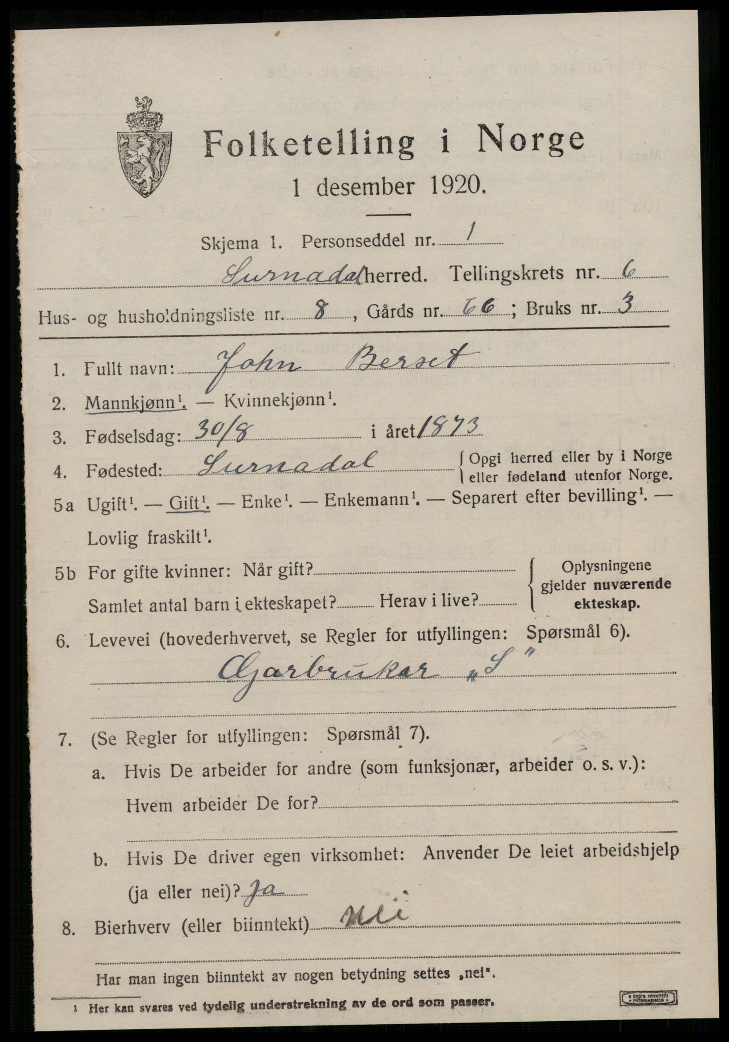 SAT, 1920 census for Surnadal, 1920, p. 4381