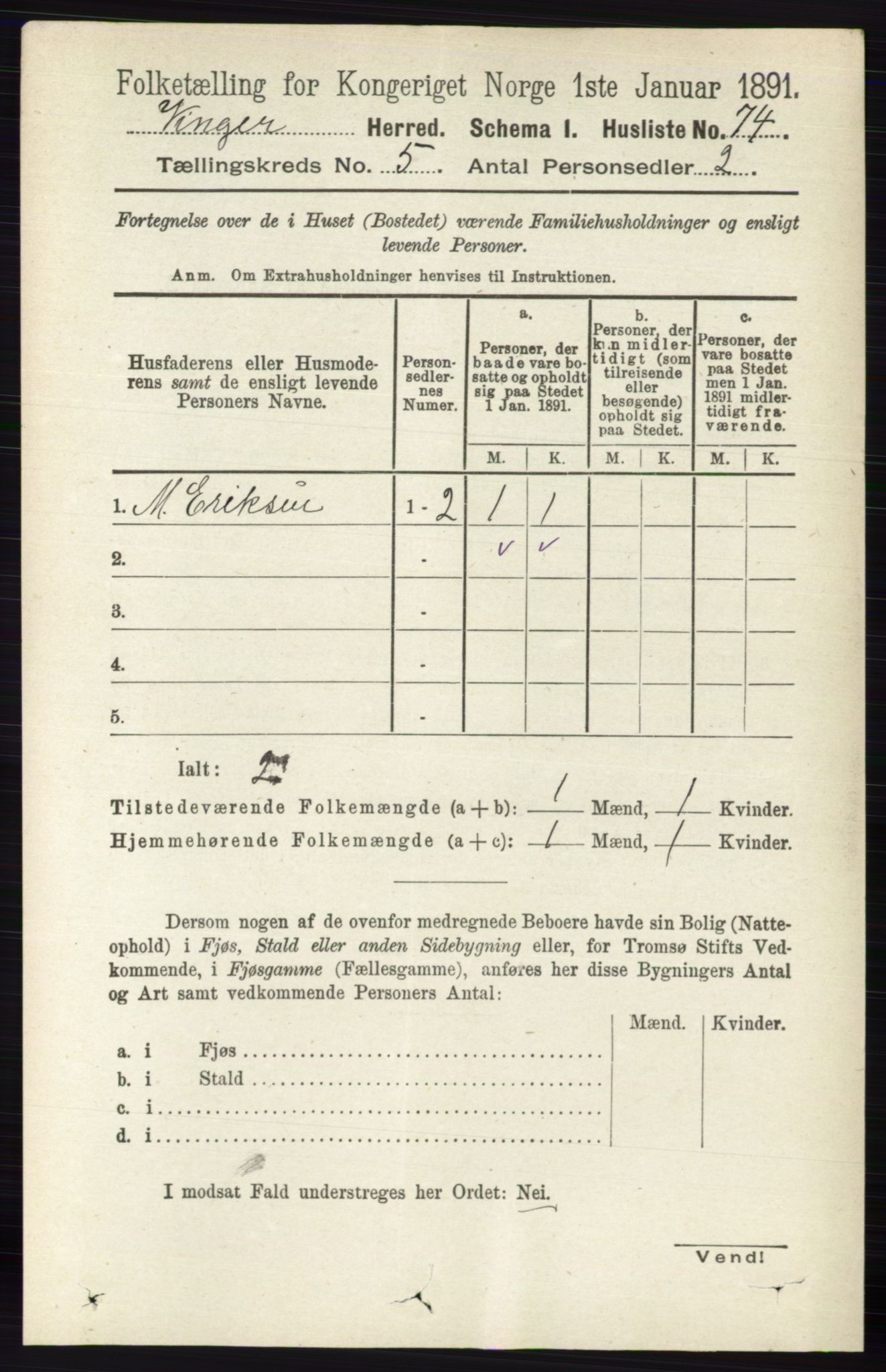 RA, 1891 census for 0421 Vinger, 1891, p. 2041