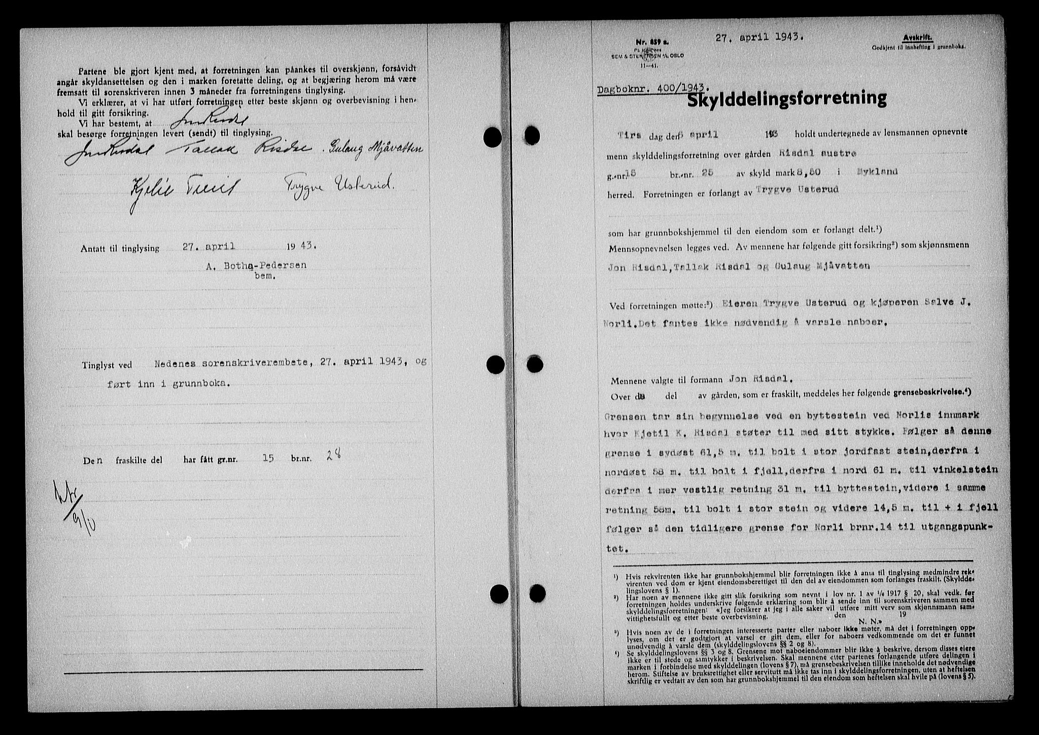 Nedenes sorenskriveri, AV/SAK-1221-0006/G/Gb/Gba/L0050: Mortgage book no. A-IV, 1942-1943, Diary no: : 400/1943