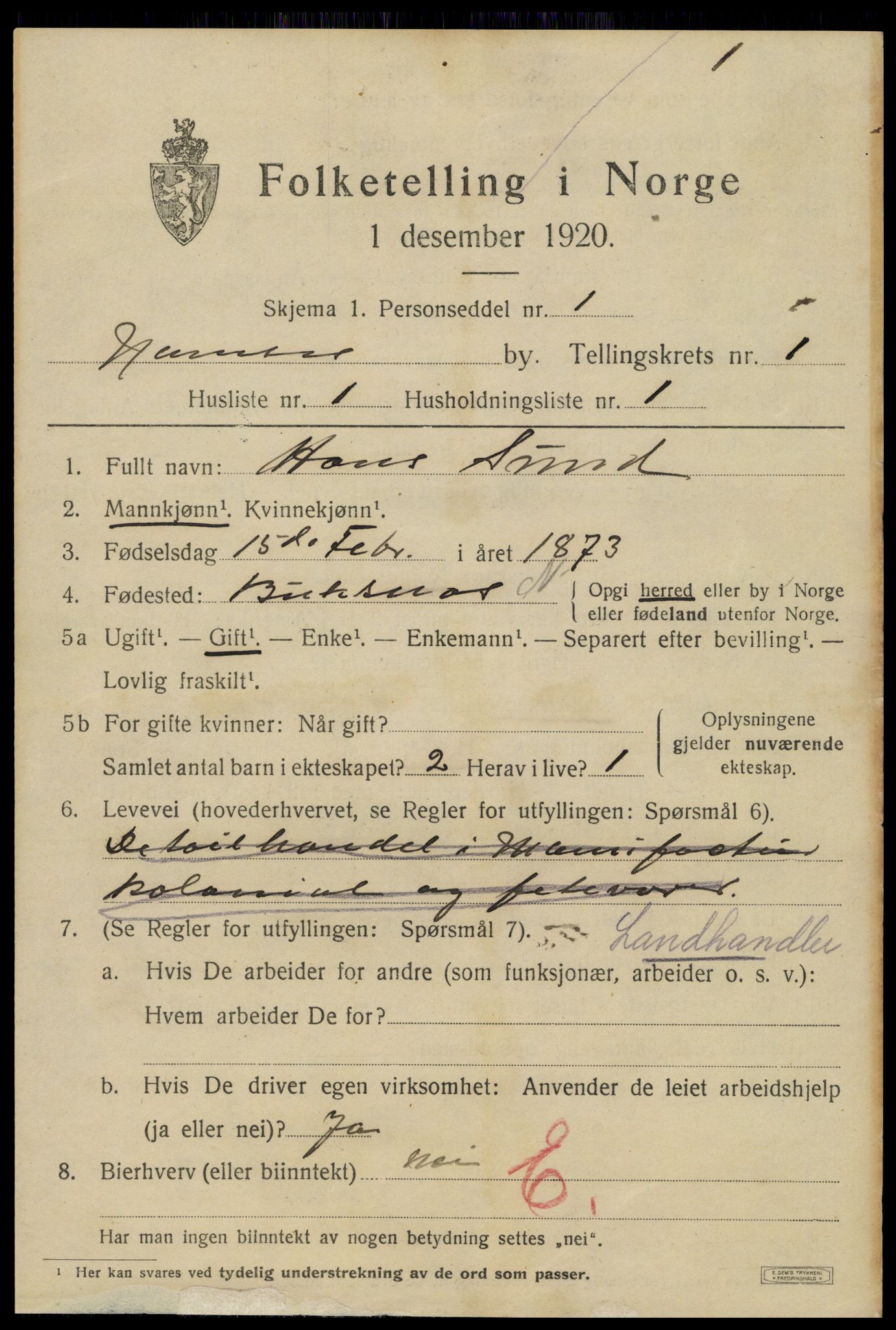 SAT, 1920 census for Namsos, 1920, p. 2015