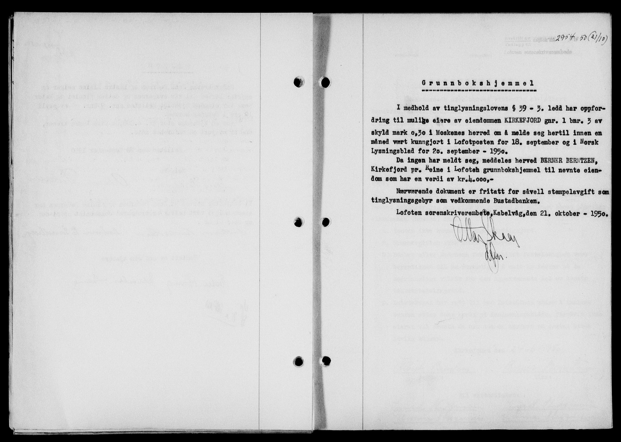 Lofoten sorenskriveri, SAT/A-0017/1/2/2C/L0024a: Mortgage book no. 24a, 1950-1950, Diary no: : 2954/1950