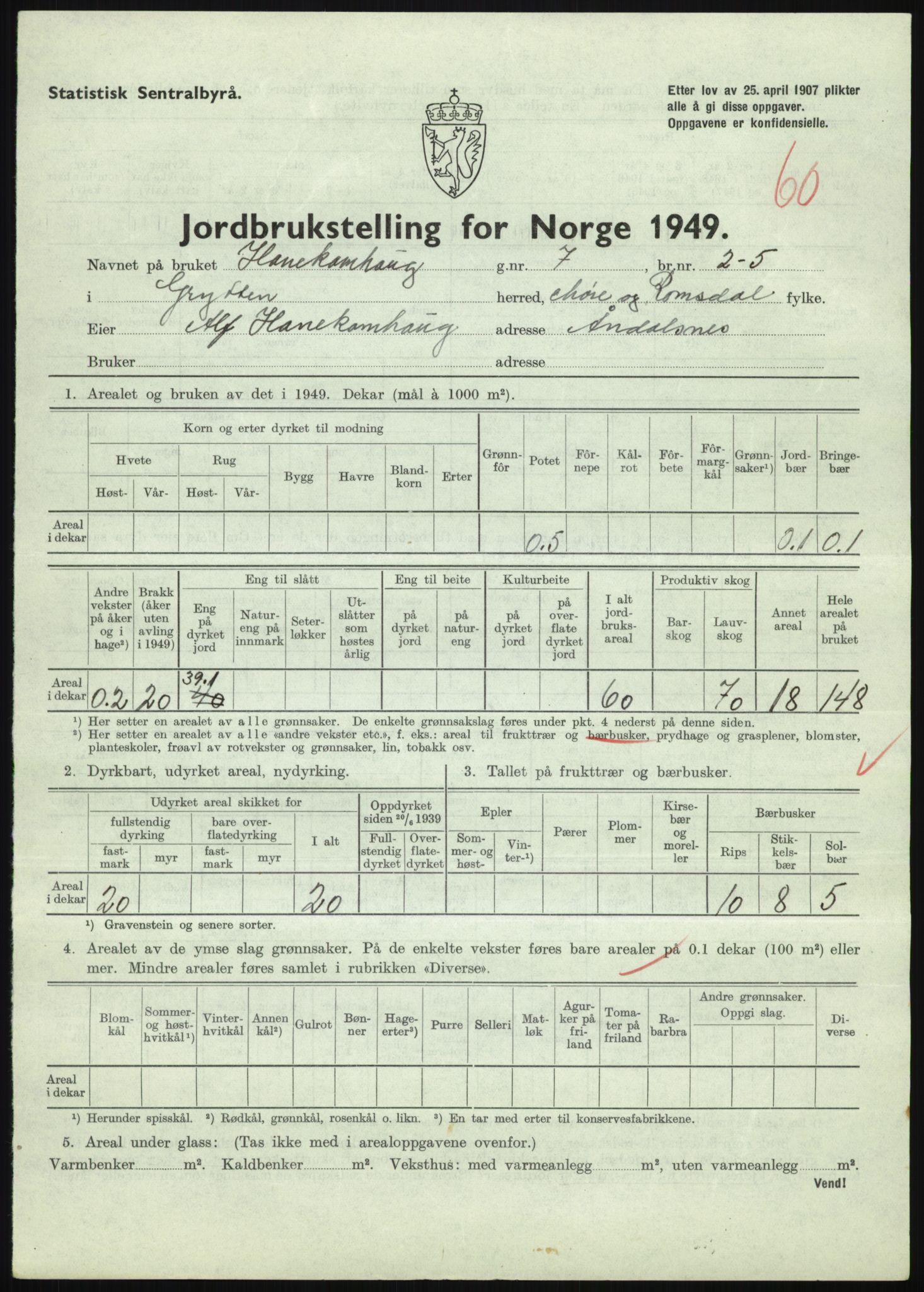 Statistisk sentralbyrå, Næringsøkonomiske emner, Jordbruk, skogbruk, jakt, fiske og fangst, AV/RA-S-2234/G/Gc/L0323: Møre og Romsdal: Grytten og Hen, 1949, p. 305