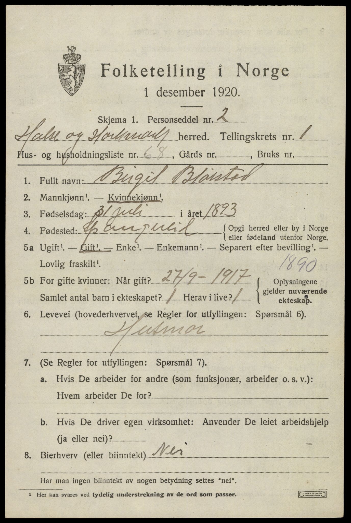 SAK, 1920 census for Halse og Harkmark, 1920, p. 2013