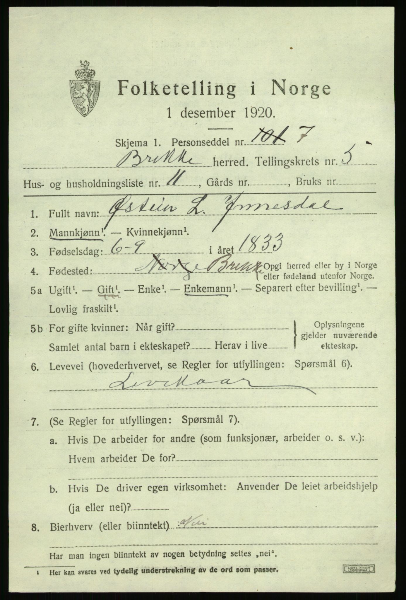 SAB, 1920 census for Brekke, 1920, p. 1260