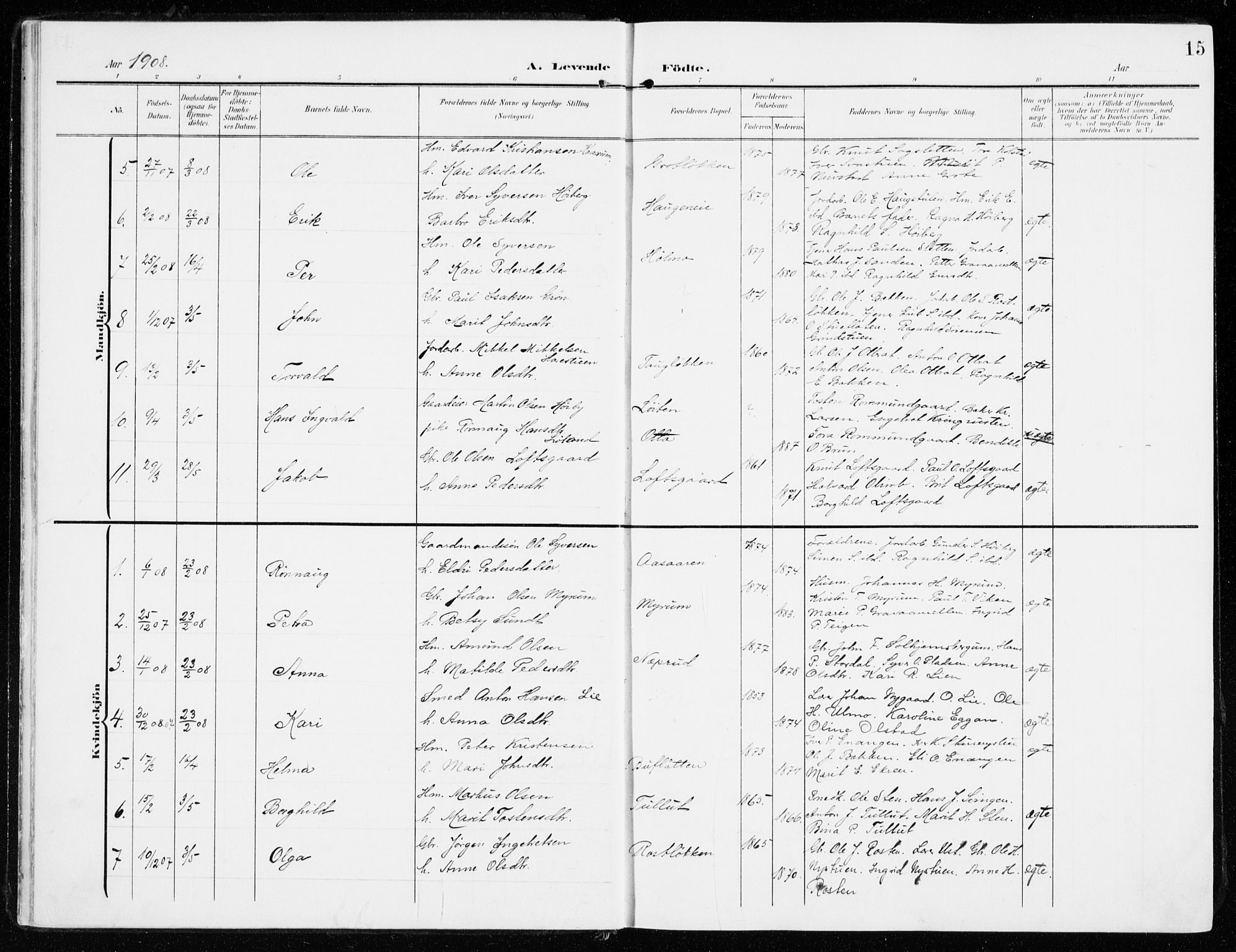 Sel prestekontor, SAH/PREST-074/H/Ha/Haa/L0002: Parish register (official) no. 2, 1905-1919, p. 15
