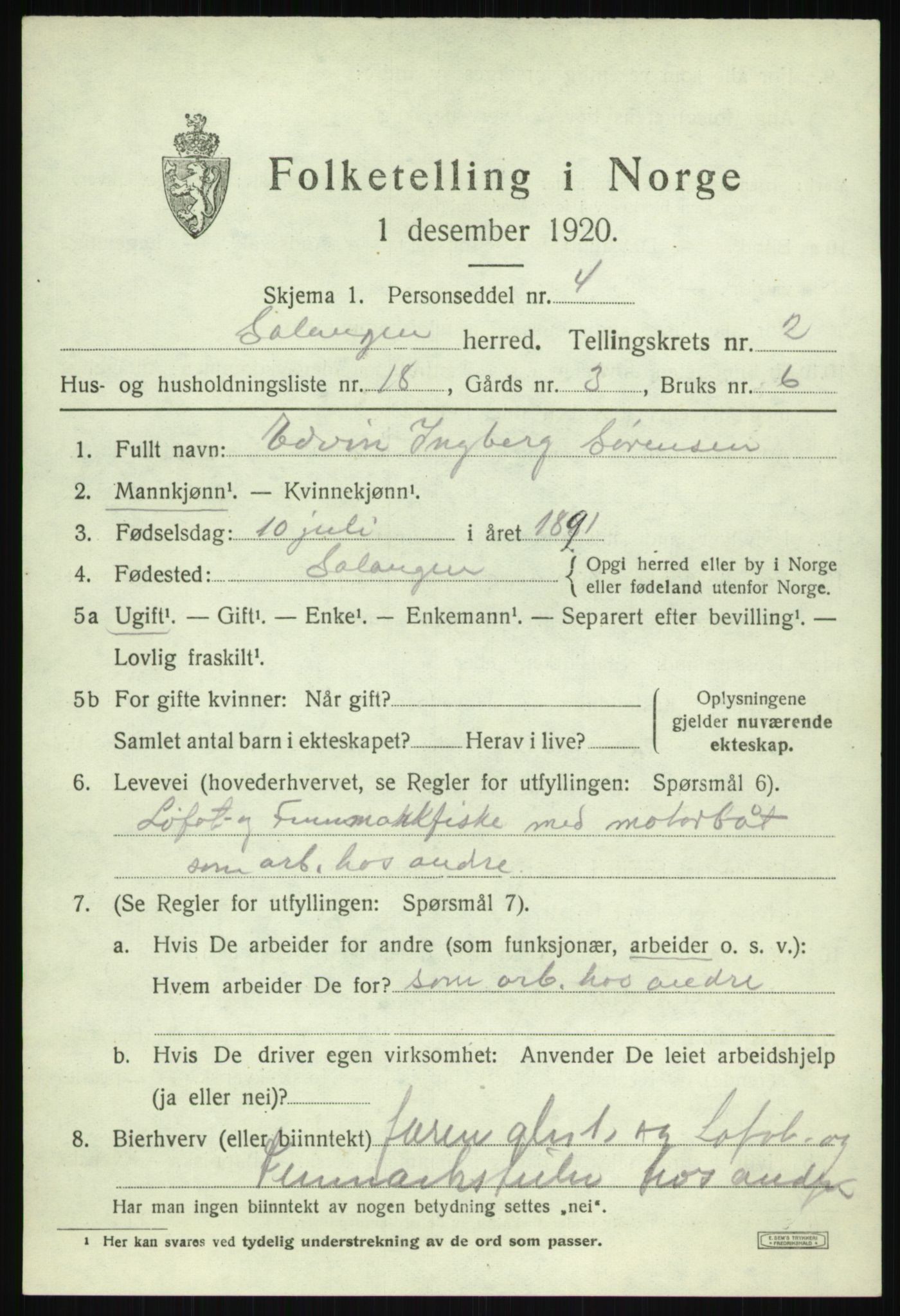 SATØ, 1920 census for Salangen, 1920, p. 1408