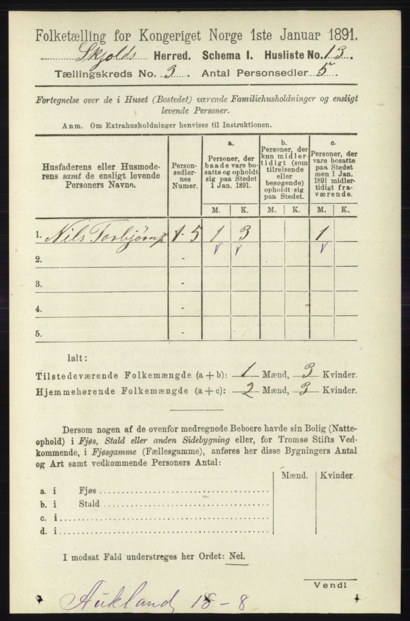 RA, 1891 census for 1154 Skjold, 1891, p. 371