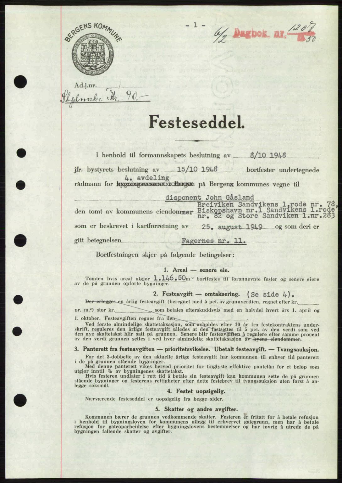 Byfogd og Byskriver i Bergen, AV/SAB-A-3401/03/03Bc/L0032: Mortgage book no. A26, 1950-1950, Diary no: : 1207/1950