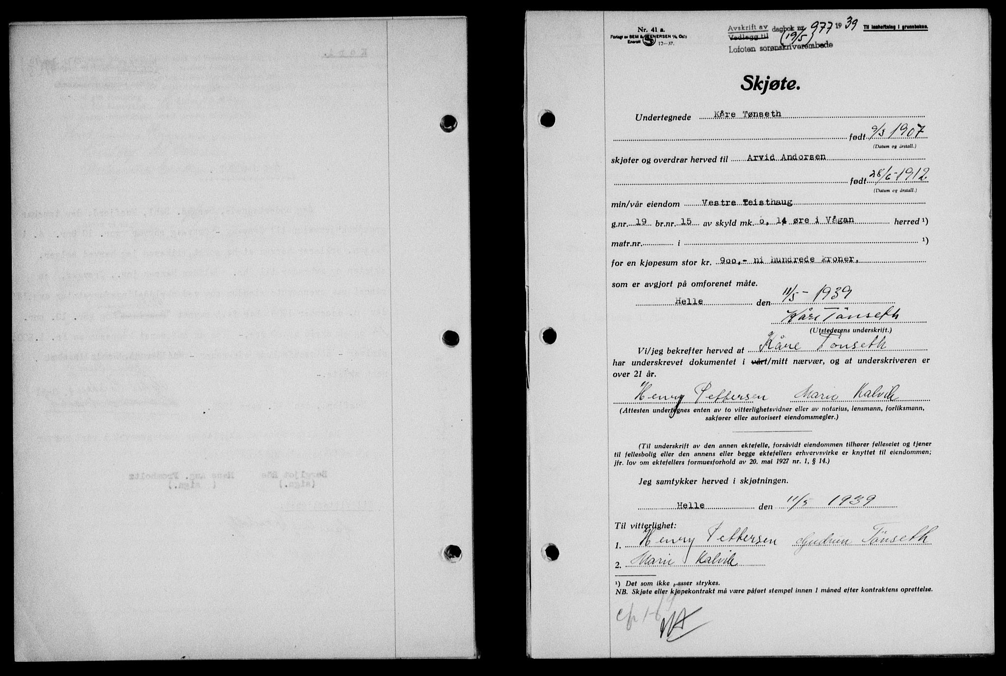 Lofoten sorenskriveri, SAT/A-0017/1/2/2C/L0005a: Mortgage book no. 5a, 1939-1939, Diary no: : 977/1939