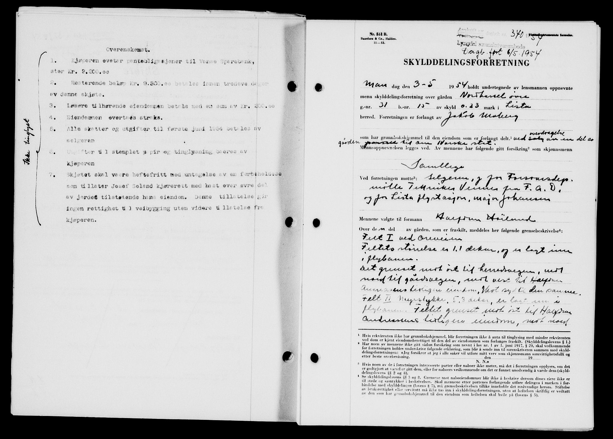 Lyngdal sorenskriveri, AV/SAK-1221-0004/G/Gb/L0670: Mortgage book no. A XVI, 1954-1954, Diary no: : 340/1954