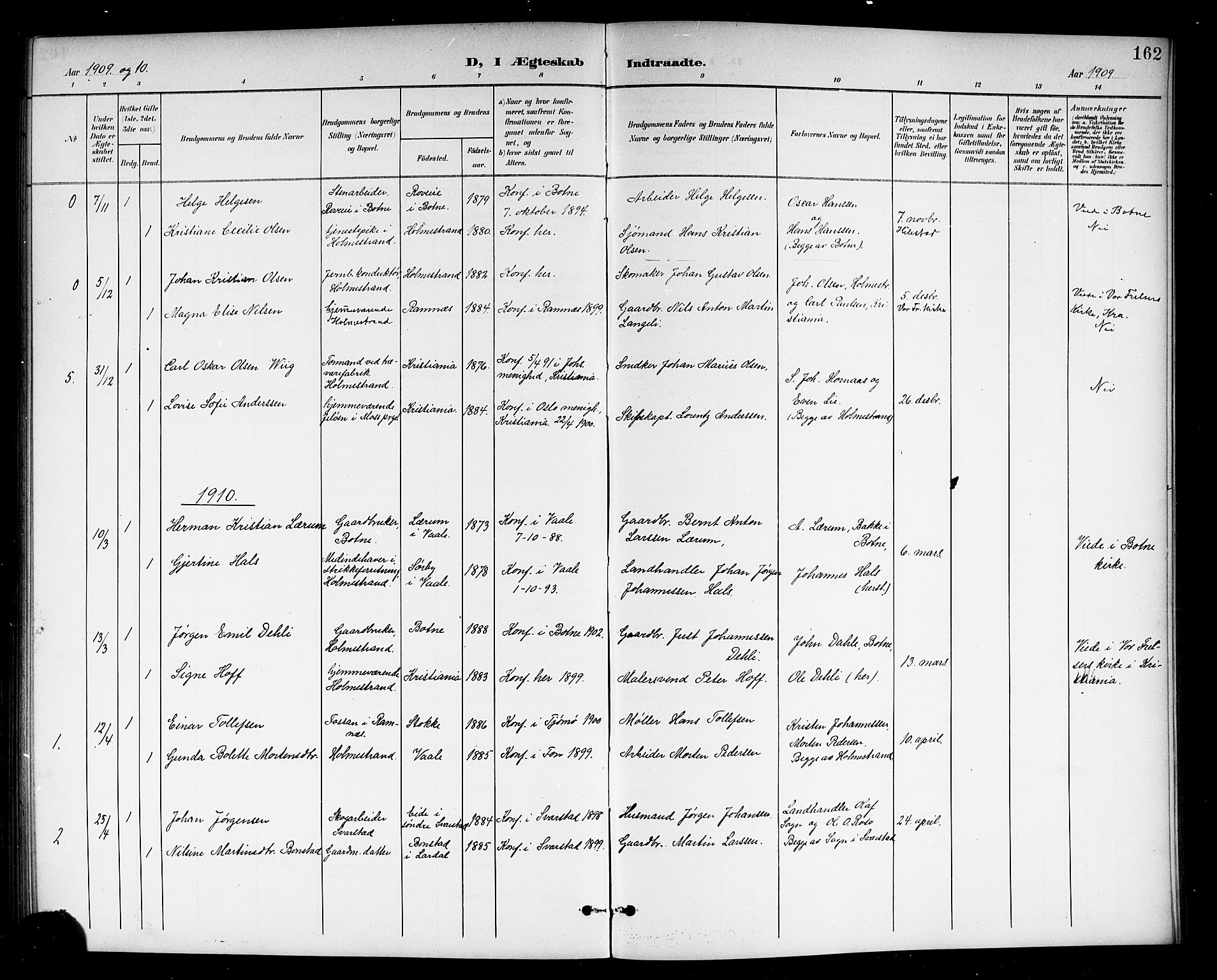 Holmestrand kirkebøker, AV/SAKO-A-346/G/Ga/L0006: Parish register (copy) no. 6, 1901-1923, p. 162