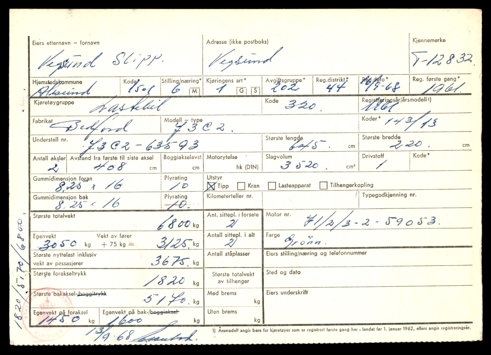Møre og Romsdal vegkontor - Ålesund trafikkstasjon, AV/SAT-A-4099/F/Fe/L0036: Registreringskort for kjøretøy T 12831 - T 13030, 1927-1998, p. 31