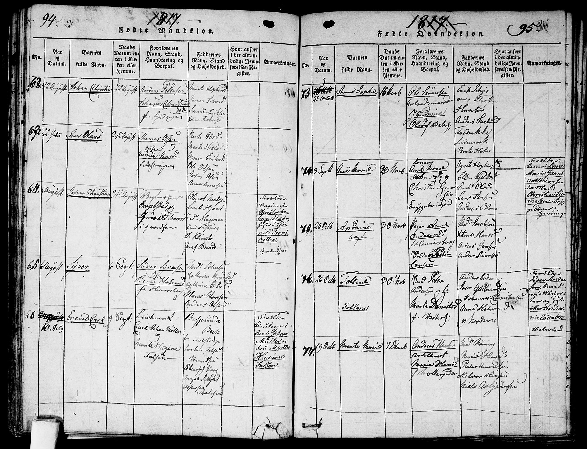 Garnisonsmenigheten Kirkebøker, SAO/A-10846/G/Ga/L0003: Parish register (copy) no. 3, 1815-1819, p. 94-95