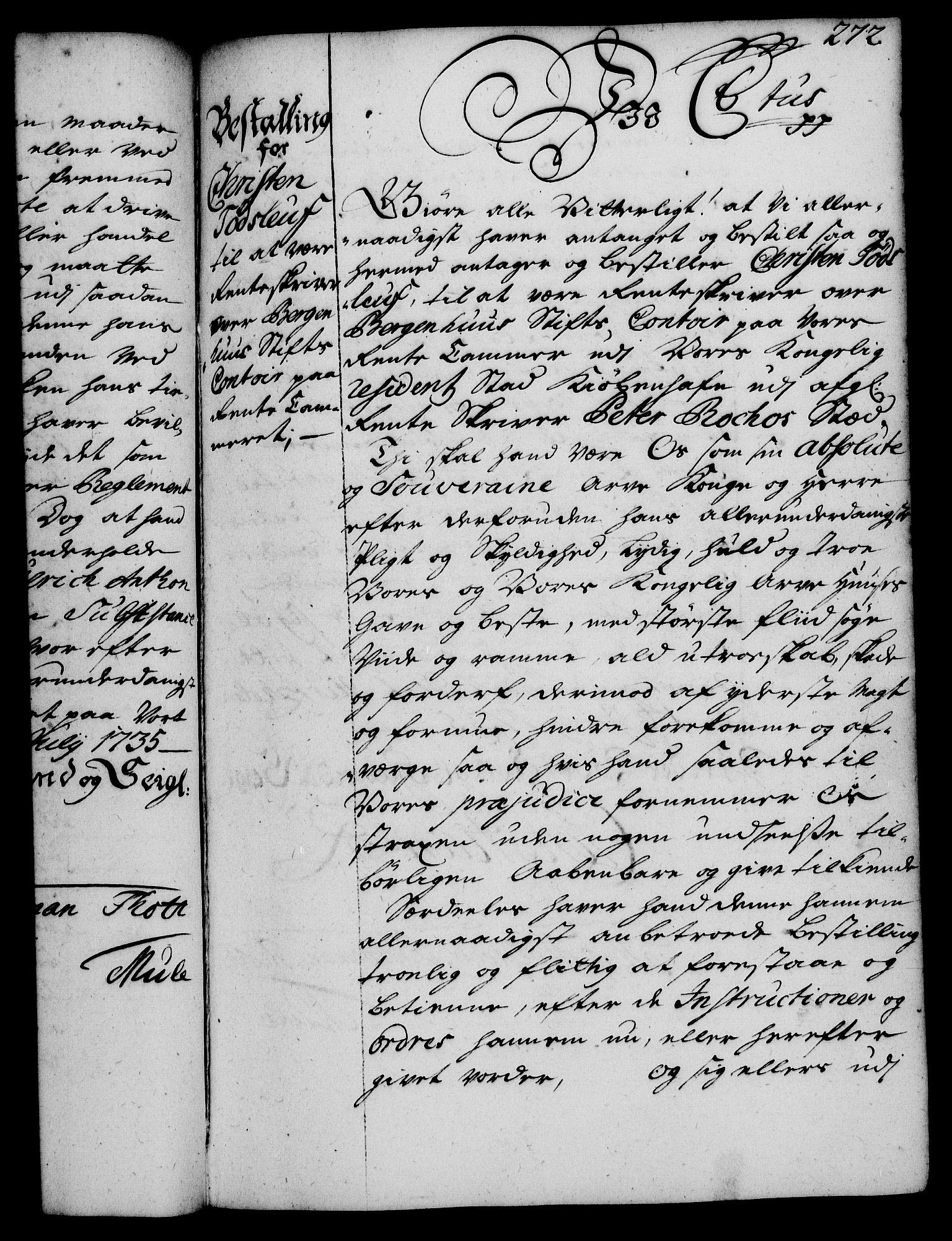 Rentekammeret, Kammerkanselliet, RA/EA-3111/G/Gg/Gge/L0002: Norsk bestallingsprotokoll med register (merket RK 53.26), 1730-1744, p. 272