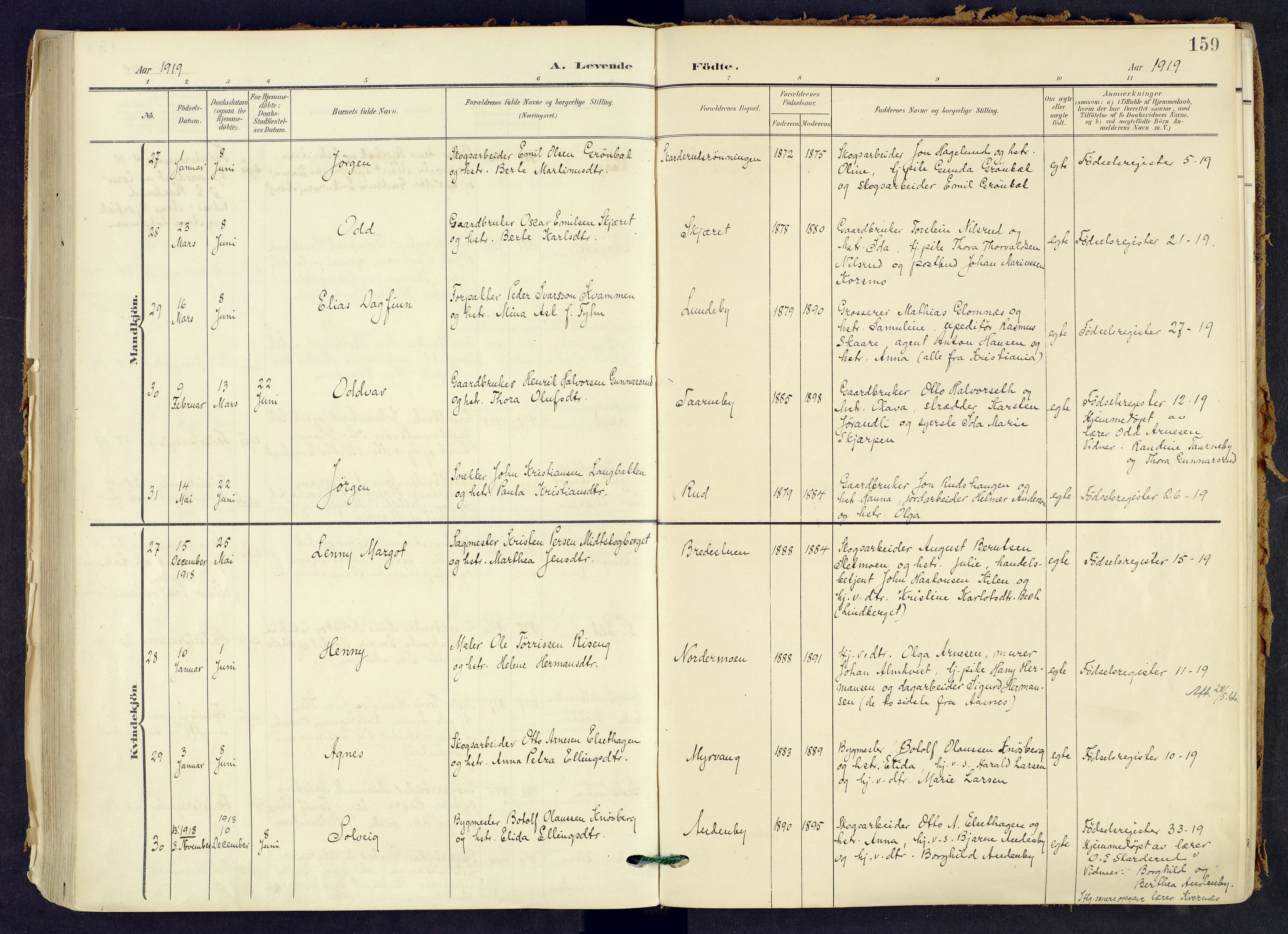 Våler prestekontor, Hedmark, AV/SAH-PREST-040/H/Ha/Haa/L0008: Parish register (official) no. 8, 1905-1921, p. 159