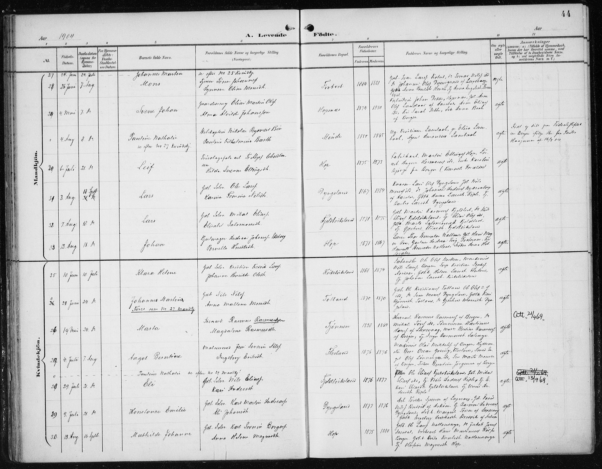 Fana Sokneprestembete, AV/SAB-A-75101/H/Haa/Haai/L0003: Parish register (official) no. I 3, 1900-1912, p. 44