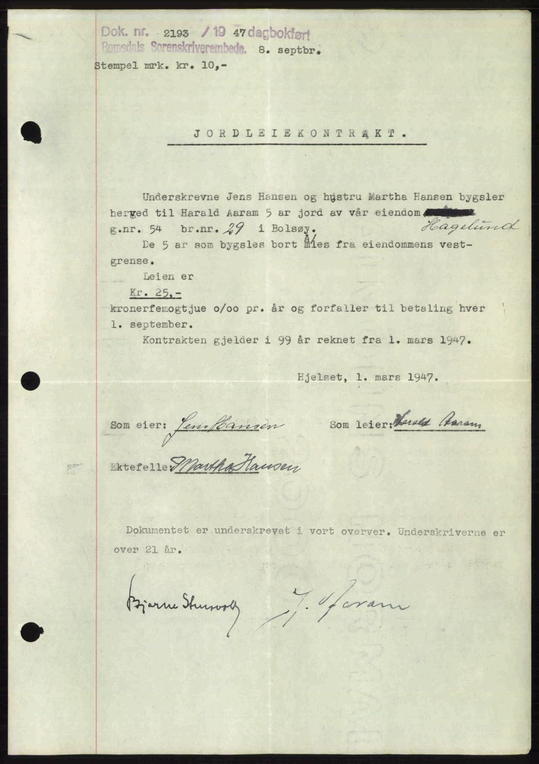 Romsdal sorenskriveri, SAT/A-4149/1/2/2C: Mortgage book no. A24, 1947-1947, Diary no: : 2193/1947