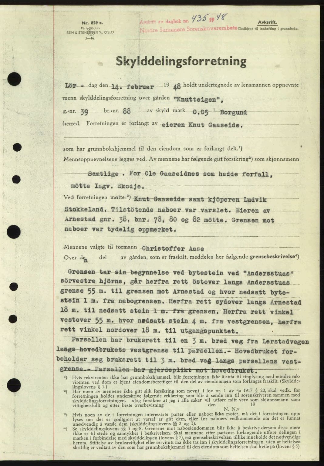 Nordre Sunnmøre sorenskriveri, AV/SAT-A-0006/1/2/2C/2Ca: Mortgage book no. A27, 1948-1948, Diary no: : 435/1948