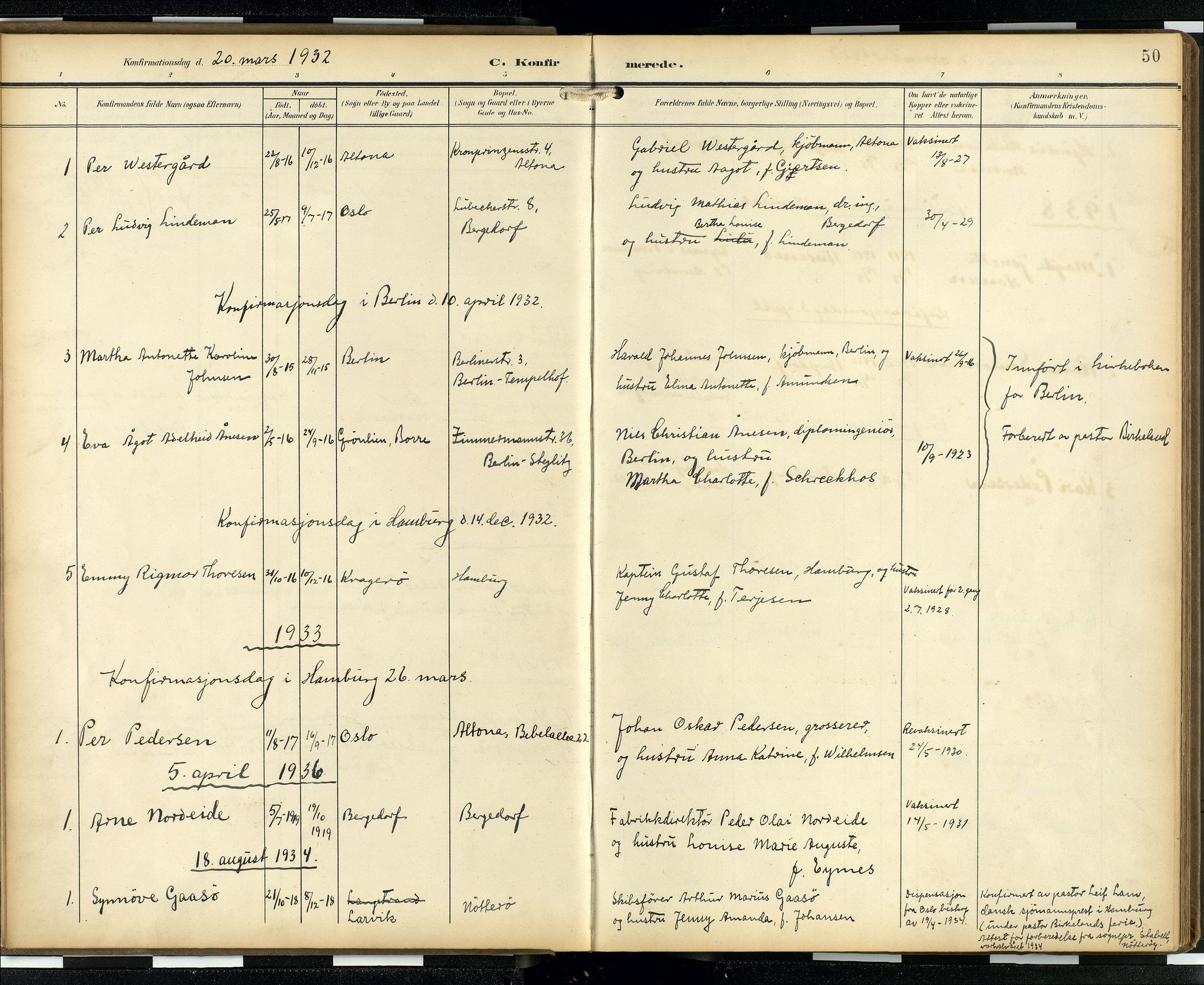 Den norske sjømannsmisjon i utlandet/Hamburg, AV/SAB-SAB/PA-0107/H/Ha/L0001: Parish register (official) no. A 1, 1907-1951, p. 49b-50a