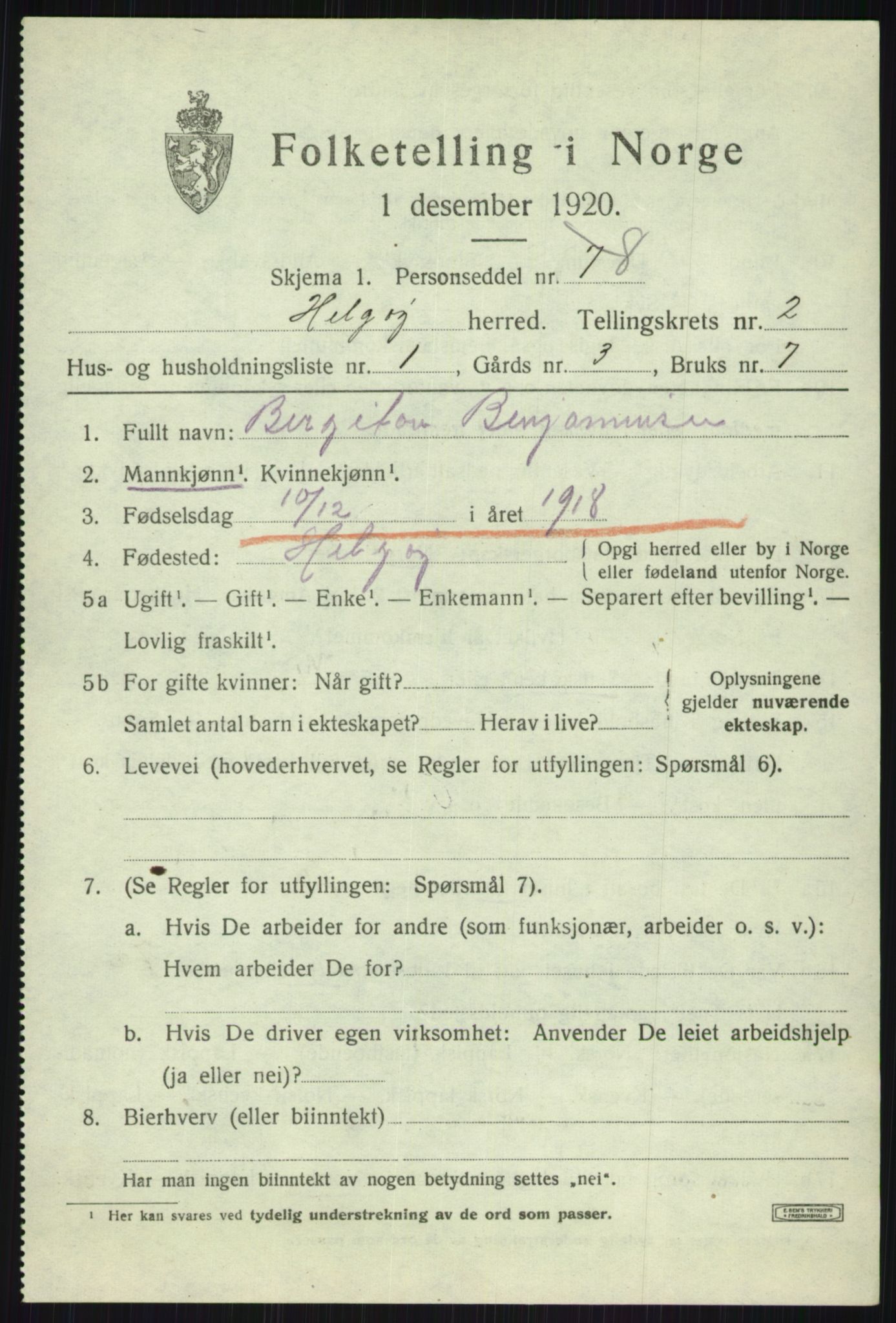 SATØ, 1920 census for Helgøy, 1920, p. 1131
