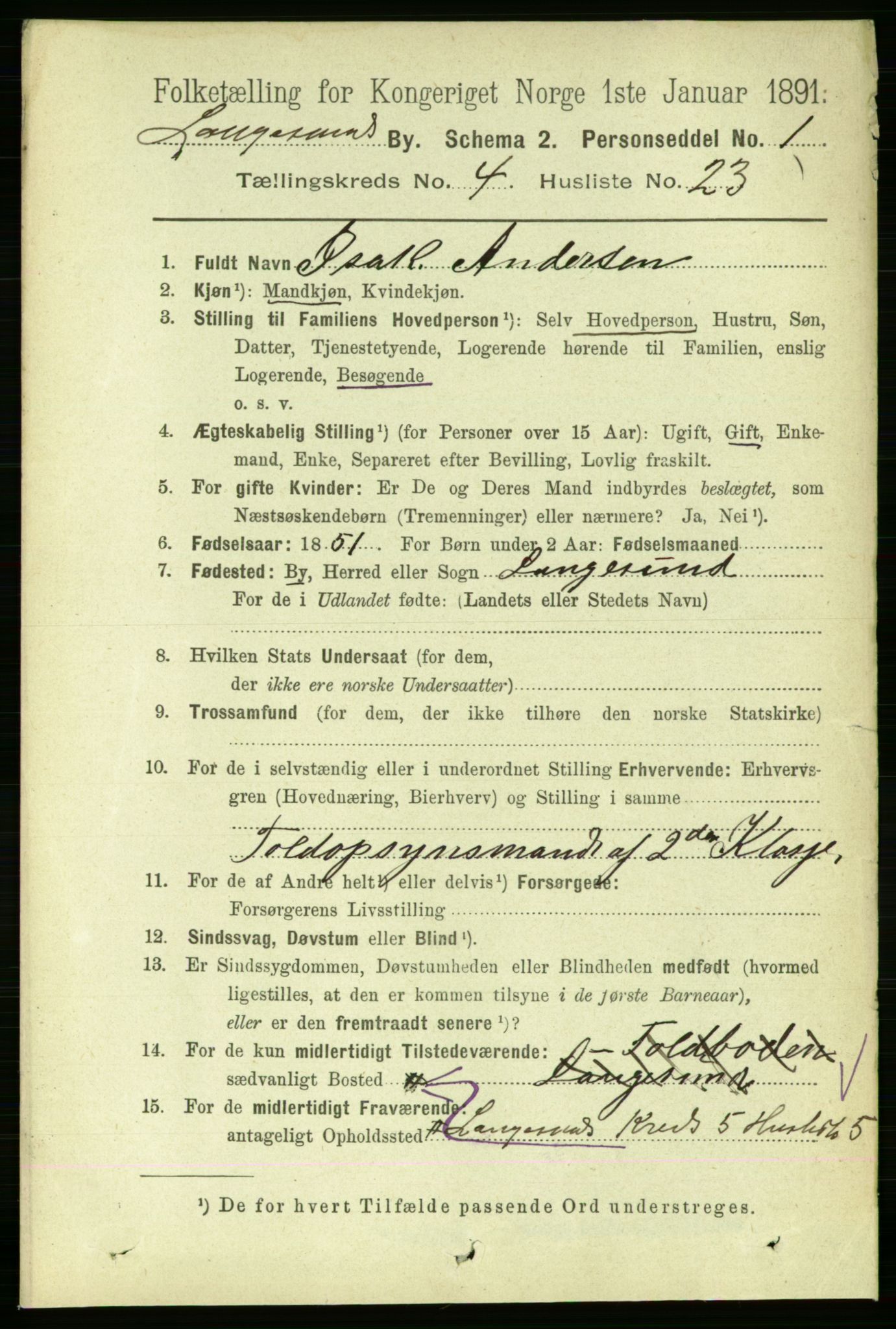 RA, 1891 census for 0802 Langesund, 1891, p. 1497